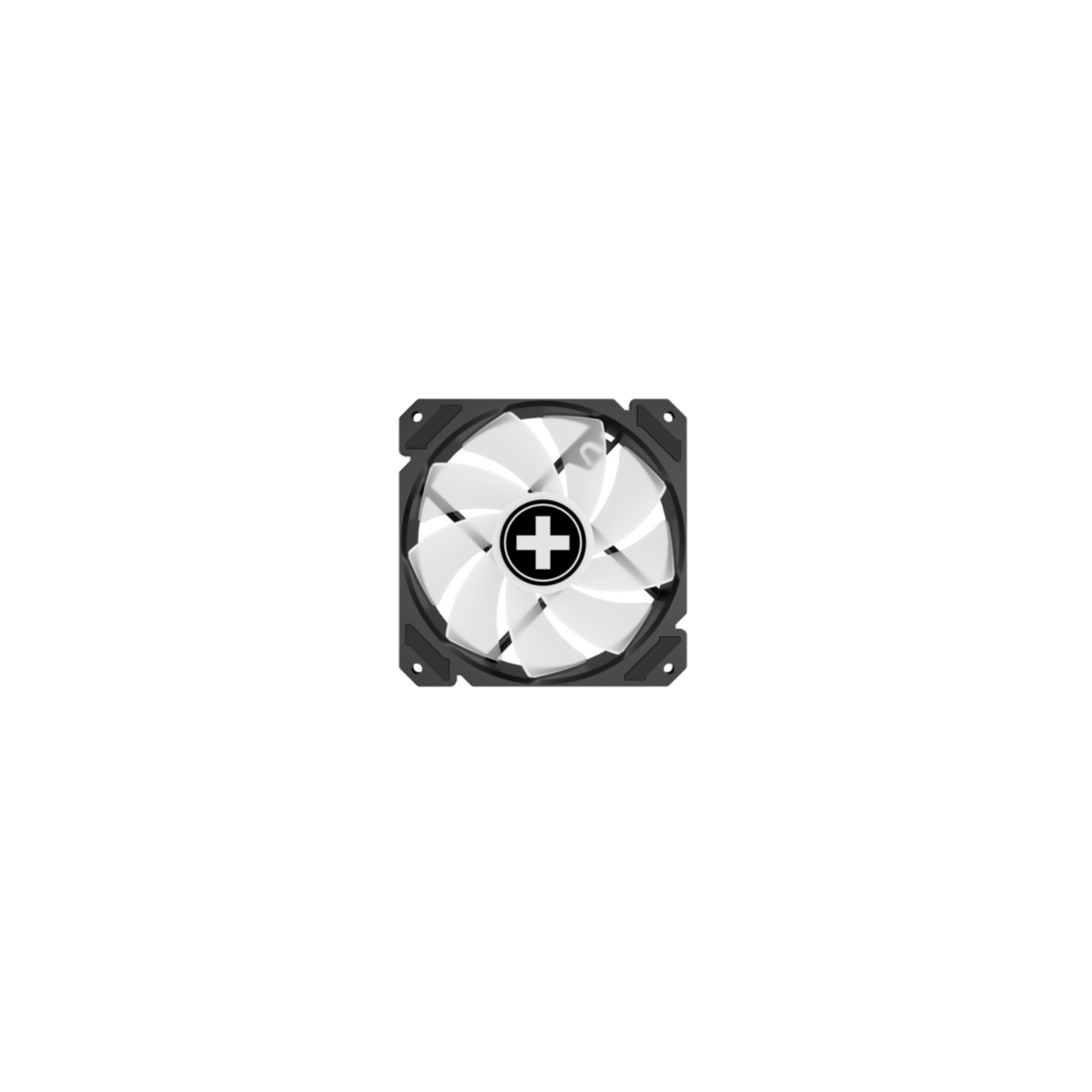 A black fan frame with white blades and a black circle with a white cross.
