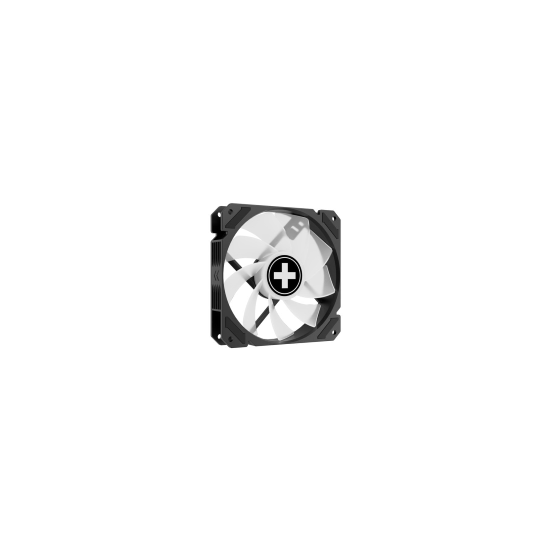 A black fan with white blades and a black cross in the center.