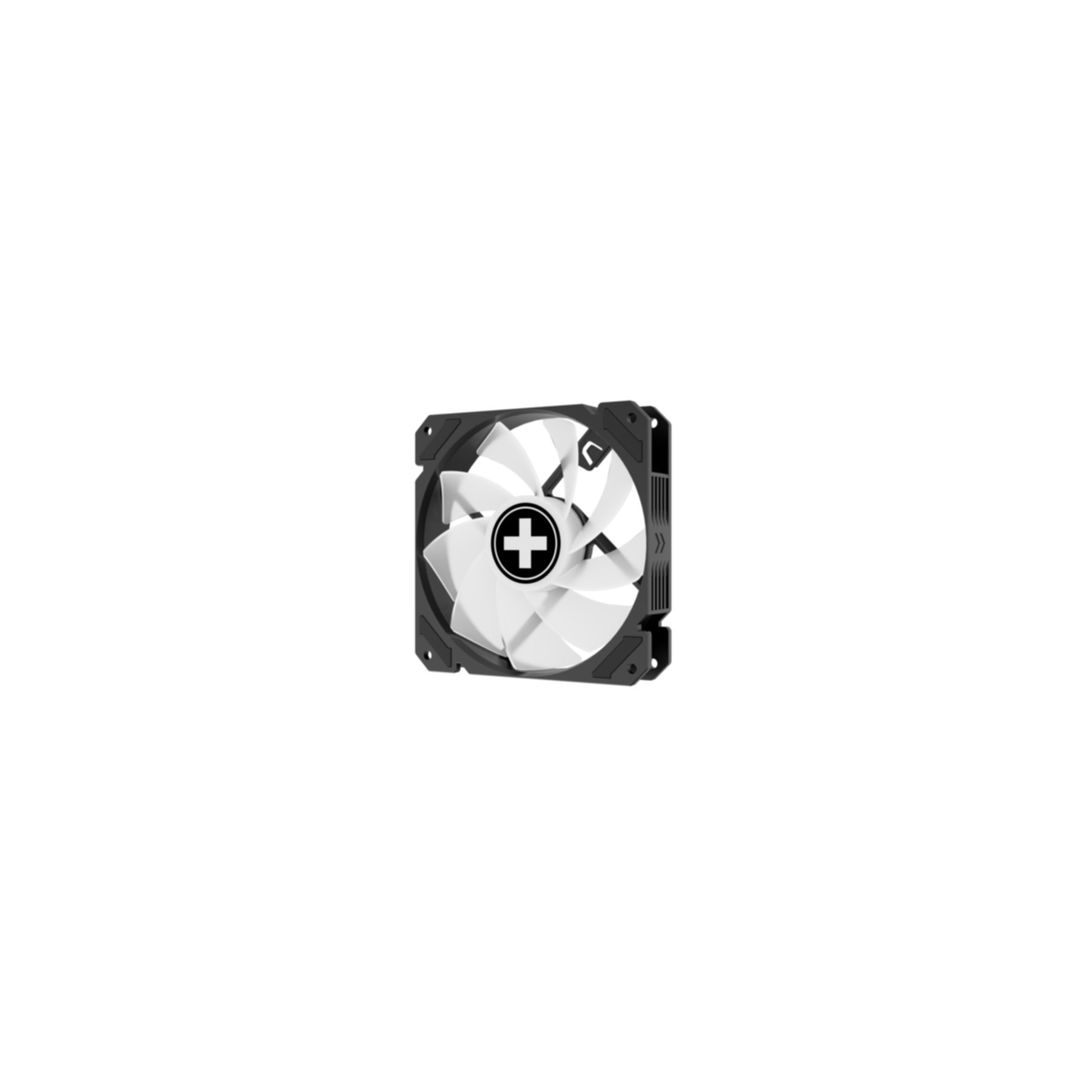 A black computer fan with white blades and a black cross symbol.
