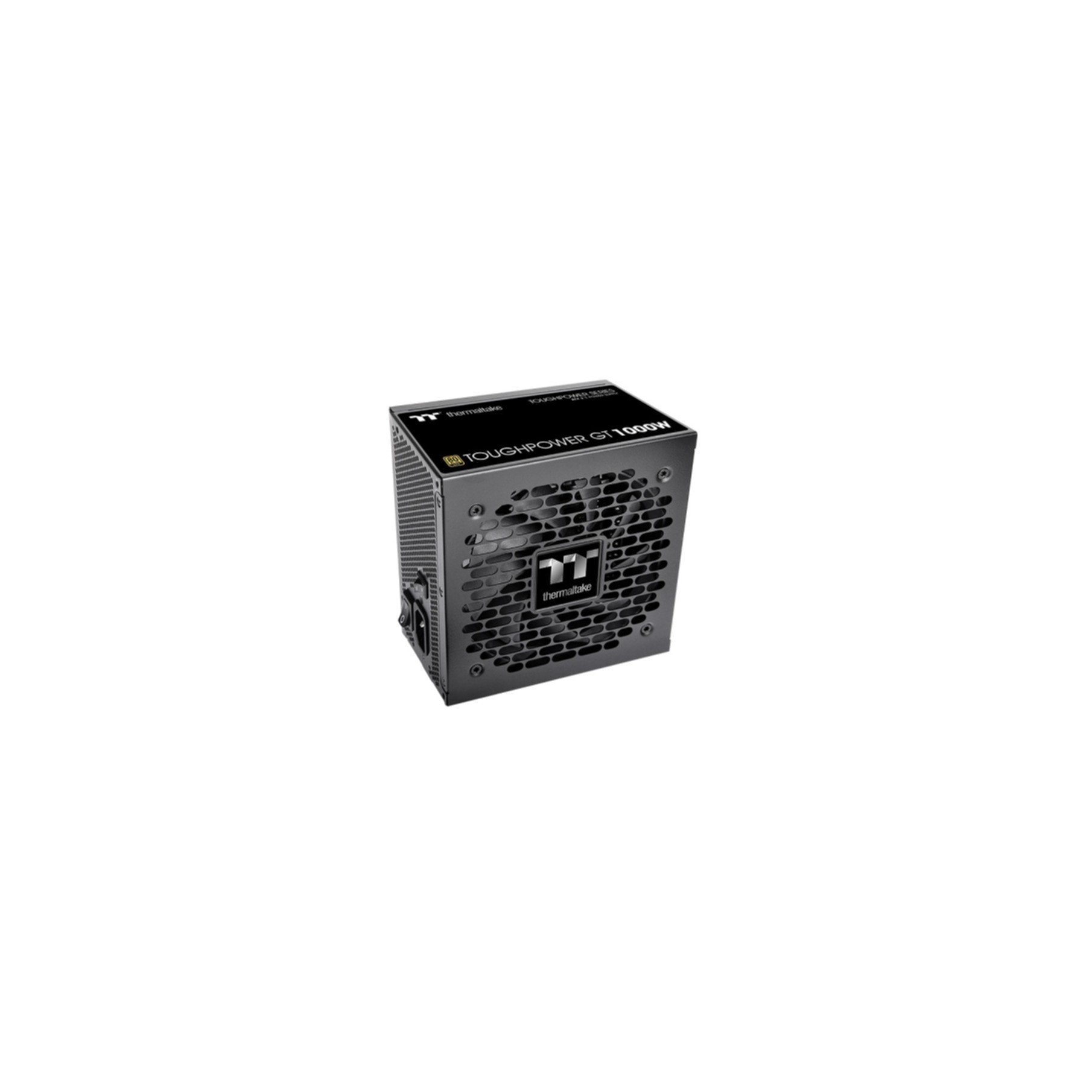 Zwarte Thermaltake voeding met honingraat ventilatorrooster en logo.