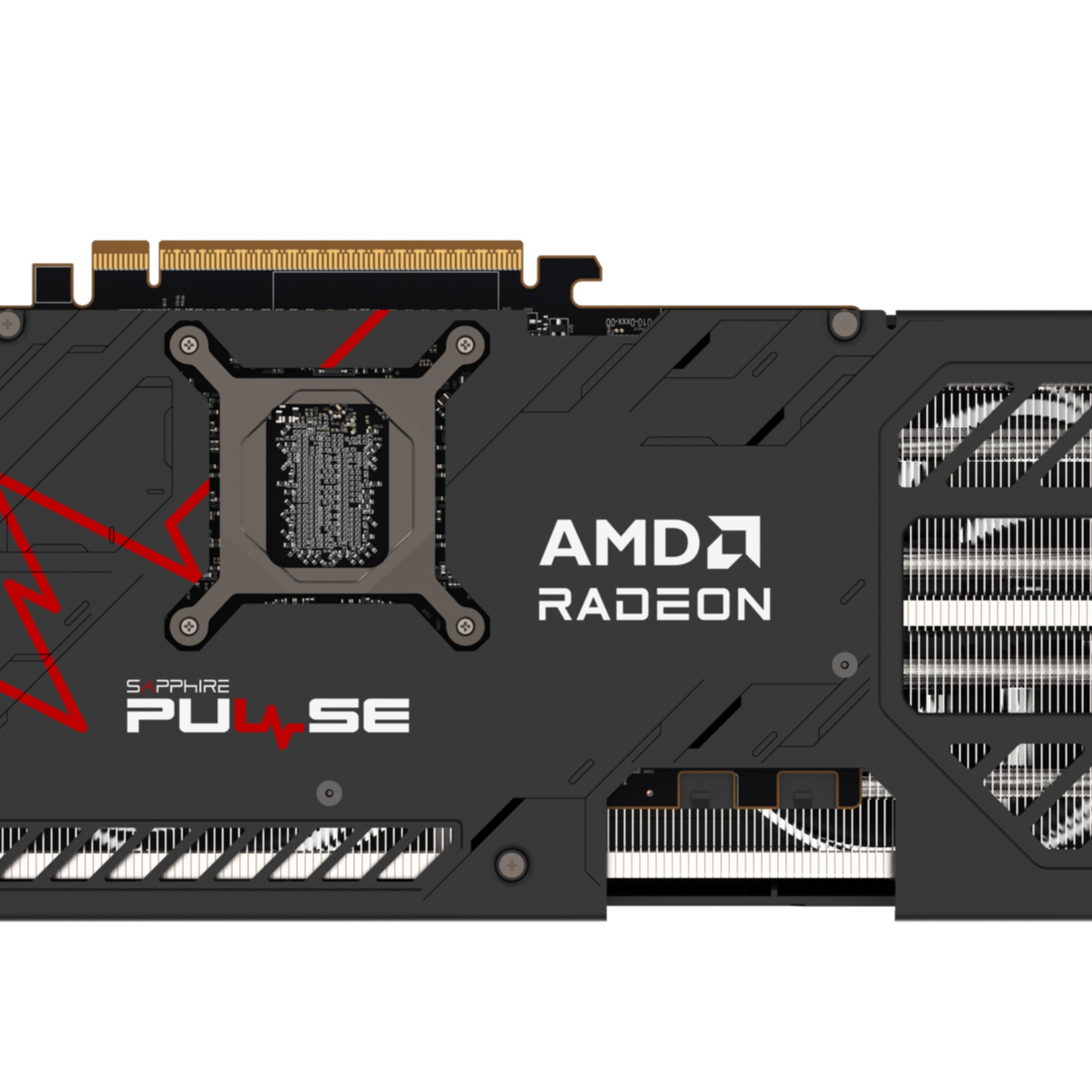 Tył czarnej karty graficznej AMD Radeon z wentylatorami i czerwonym wzorem błyskawic.