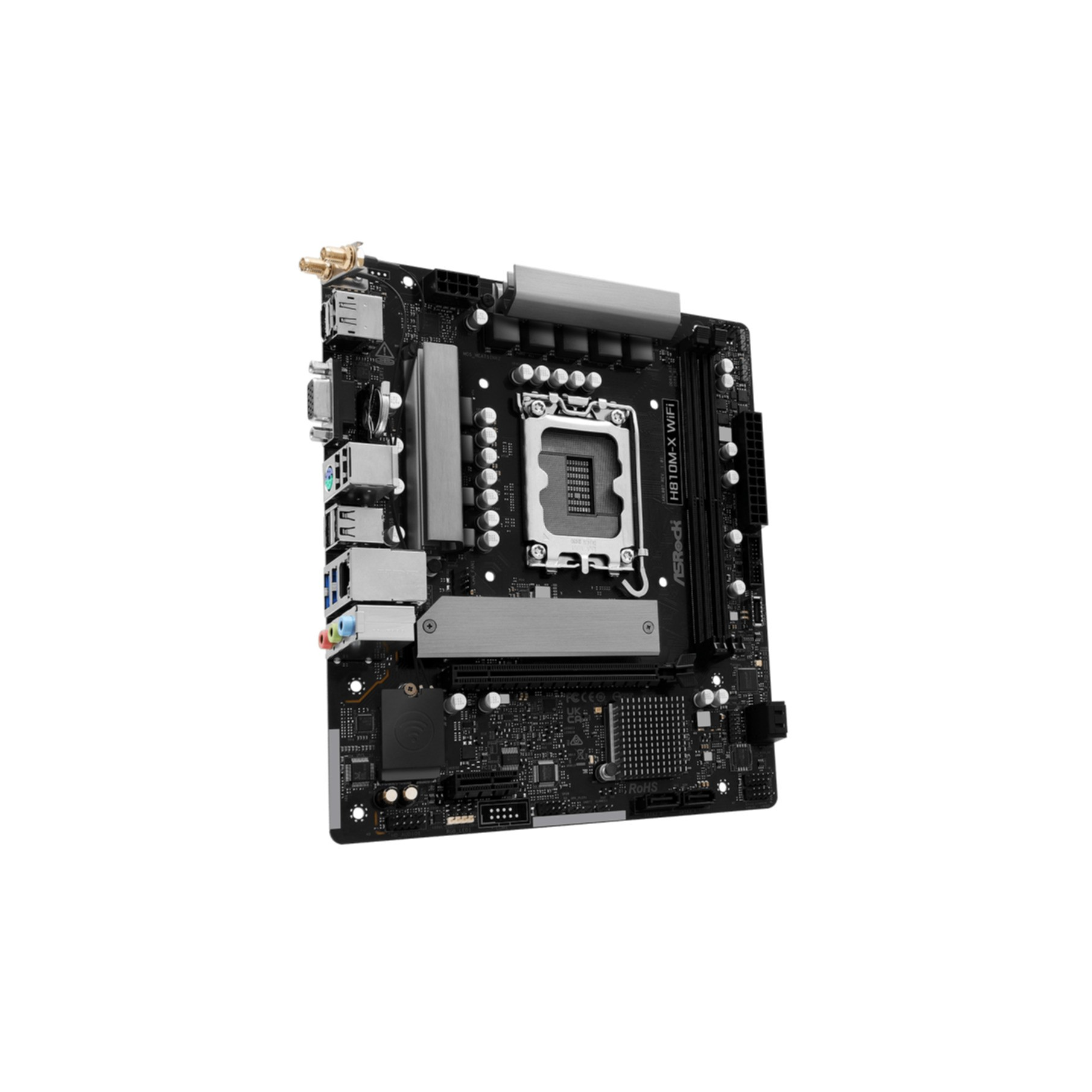 Czarna płyta główna ASRock H610M-X WIFI z gniazdem procesora i złączami.