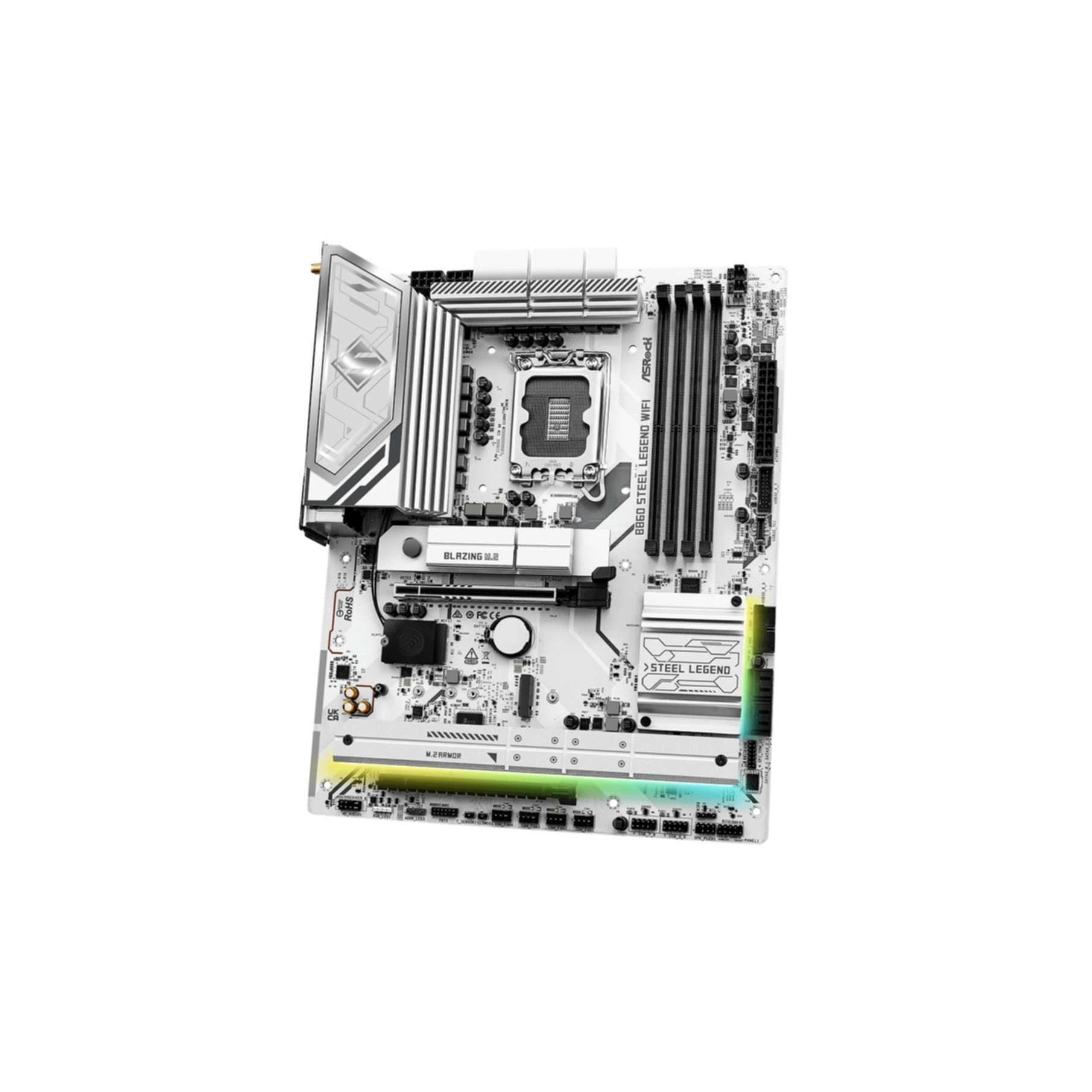 Biała płyta główna z srebrnymi radiatorami i podświetleniem RGB na dolnej krawędzi.