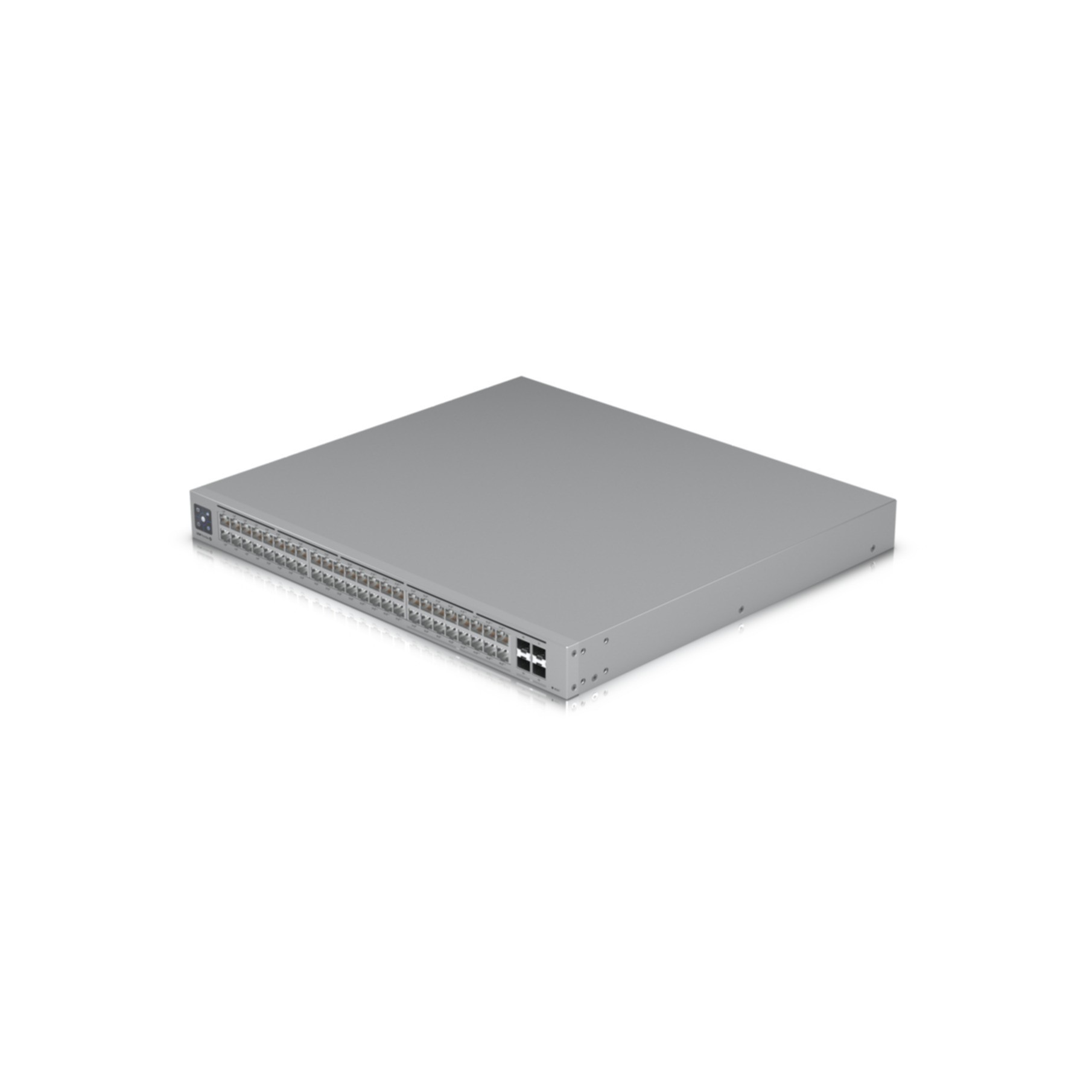 Uno switch di rete grigio con molte porte sul davanti, su sfondo bianco.