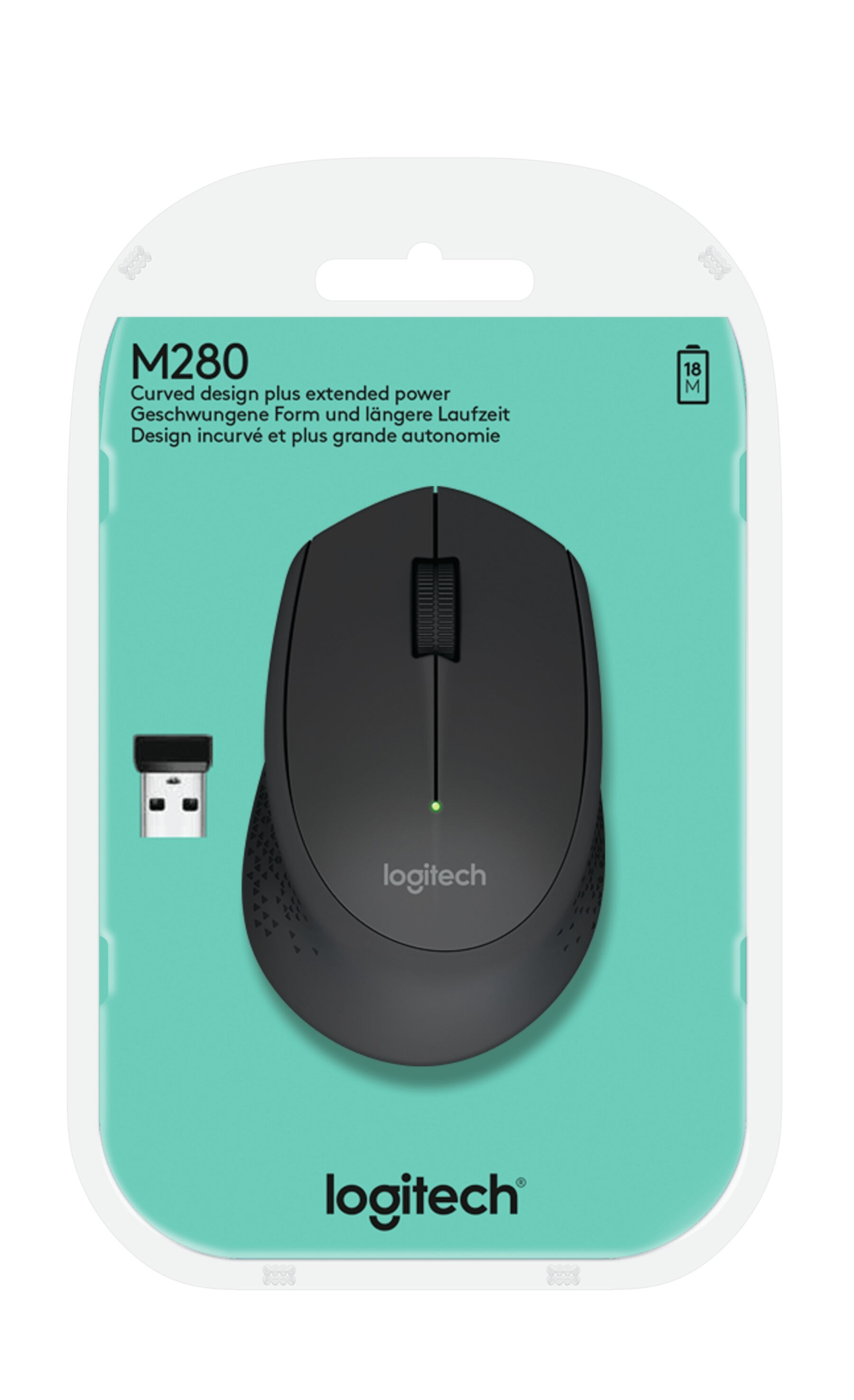 Czarna mysz bezprzewodowa z odbiornikiem USB i logo Logitech.