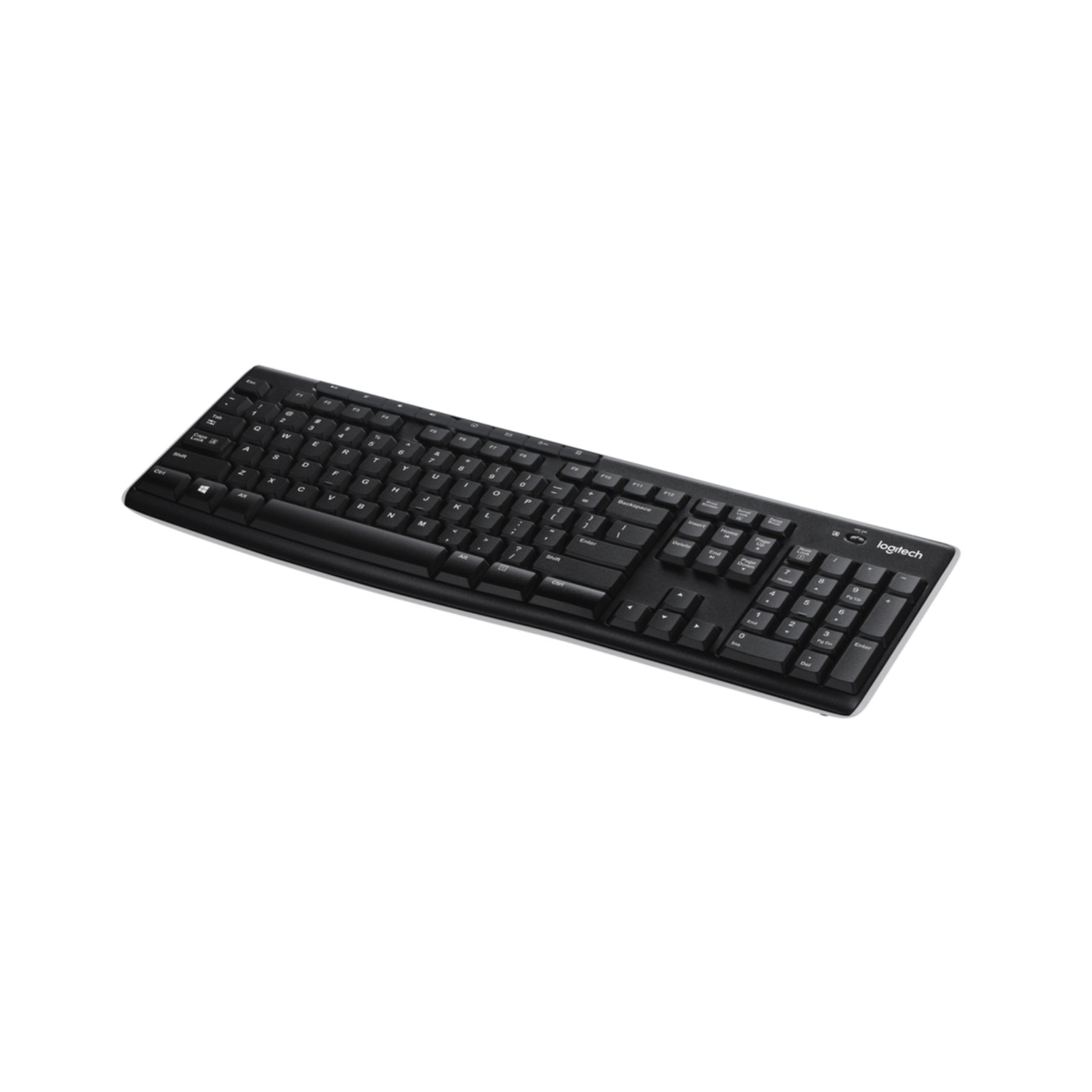 Czarna klawiatura Logitech z klawiaturą numeryczną na białym tle.