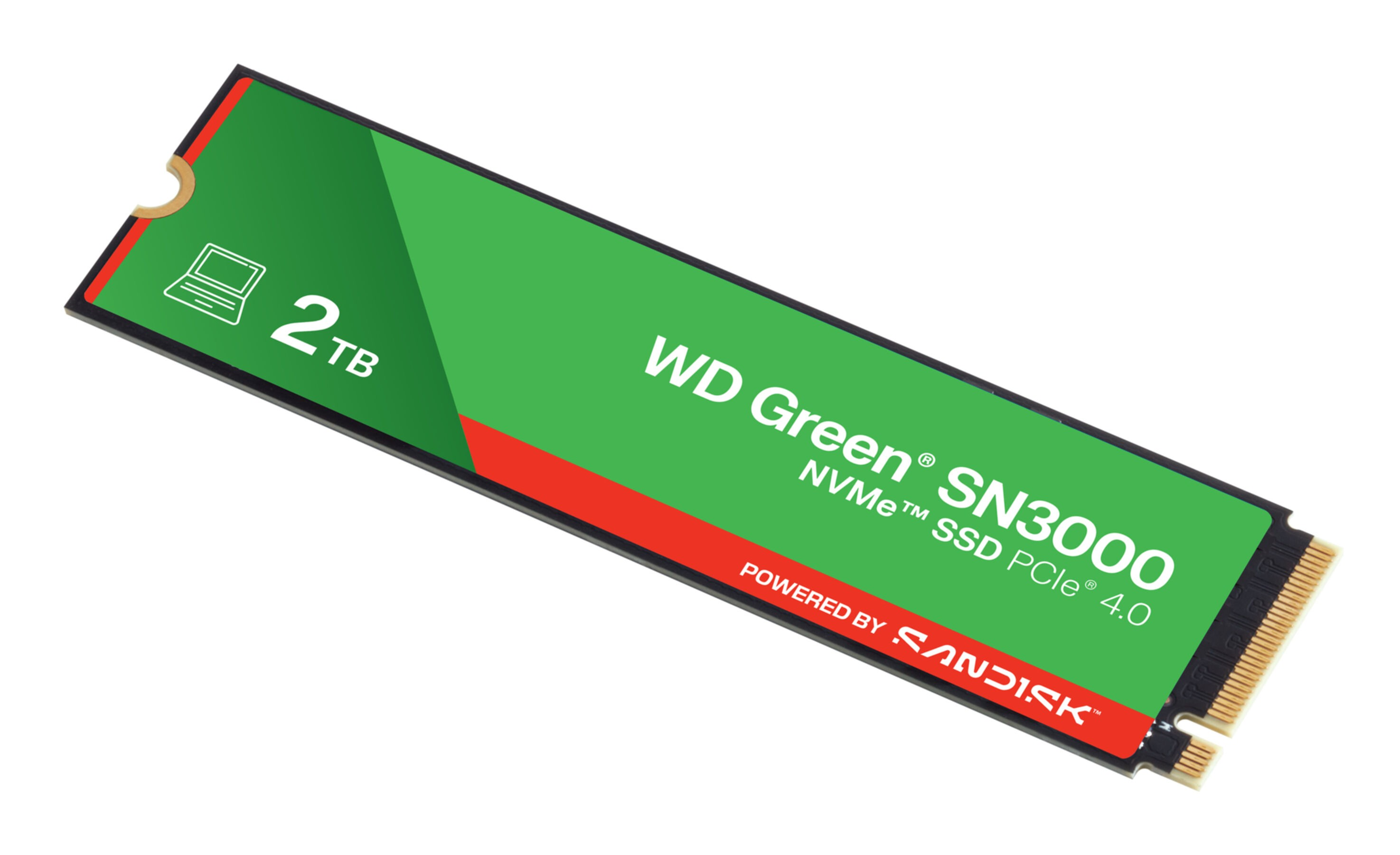 Zielony dysk SSD NVMe WD Green SN3000 2TB z czerwonym paskiem i logo.