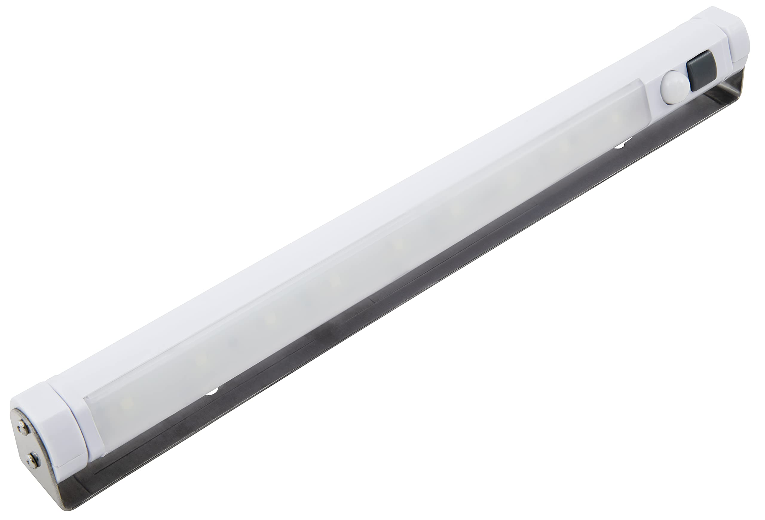 Eine weiße LED-Leiste mit Schalter und Metallhalterung auf weißem Hintergrund.
