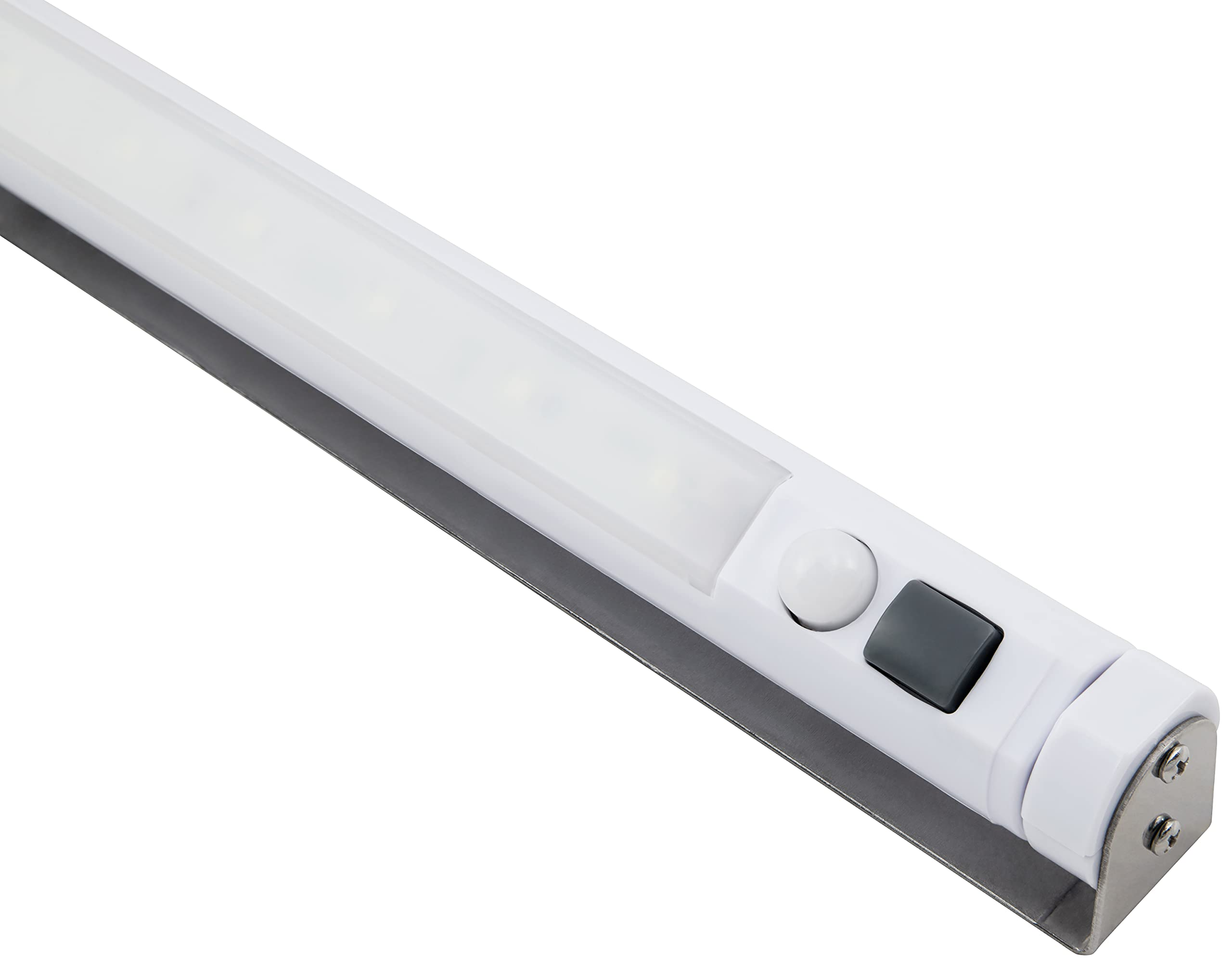 Eine weiße LED-Leiste mit Metallsockel, Sensor und Schalter.