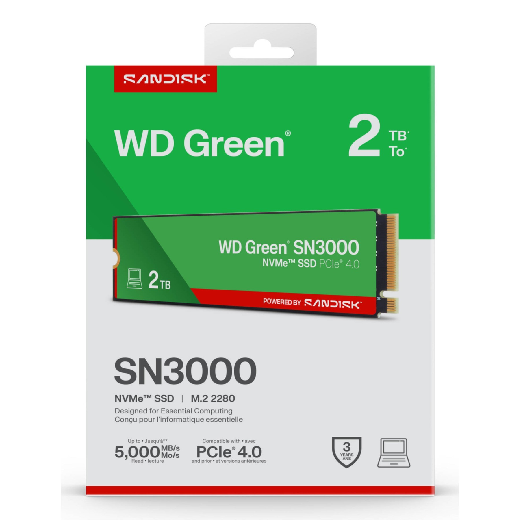 WD Green SN3000 2TB NVMe SSD PCIe 4.0 na opakowaniu z logo Sandisk.