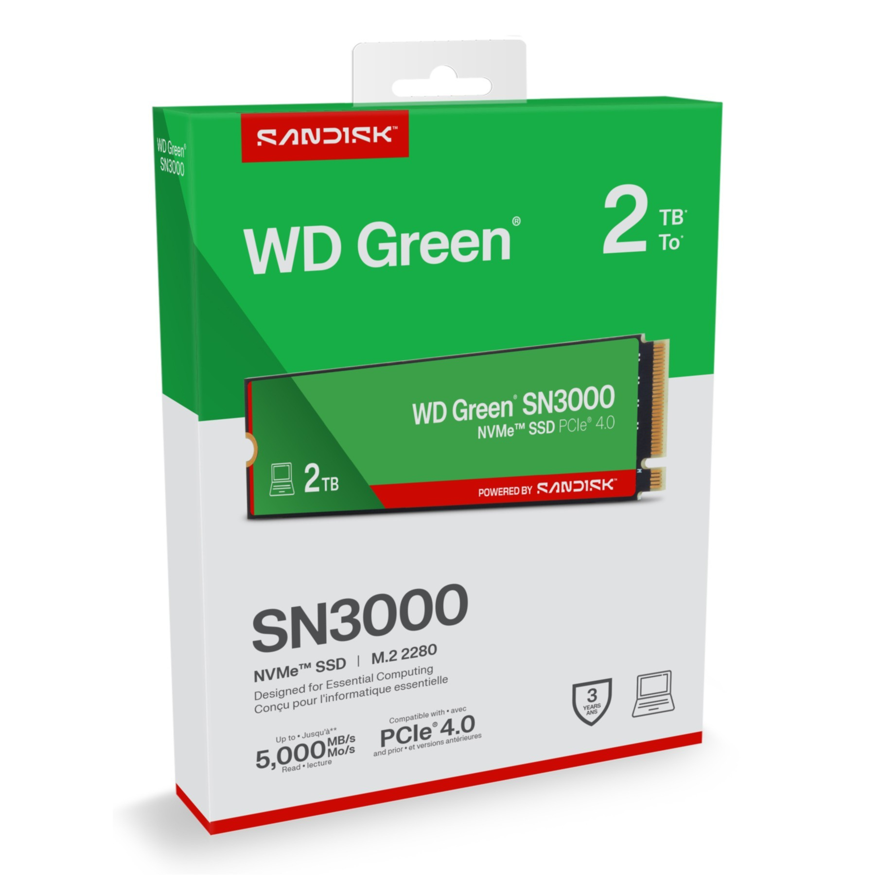 Opakowanie 2 TB dysku SSD NVMe WD Green SN3000 z PCIe 4.0.