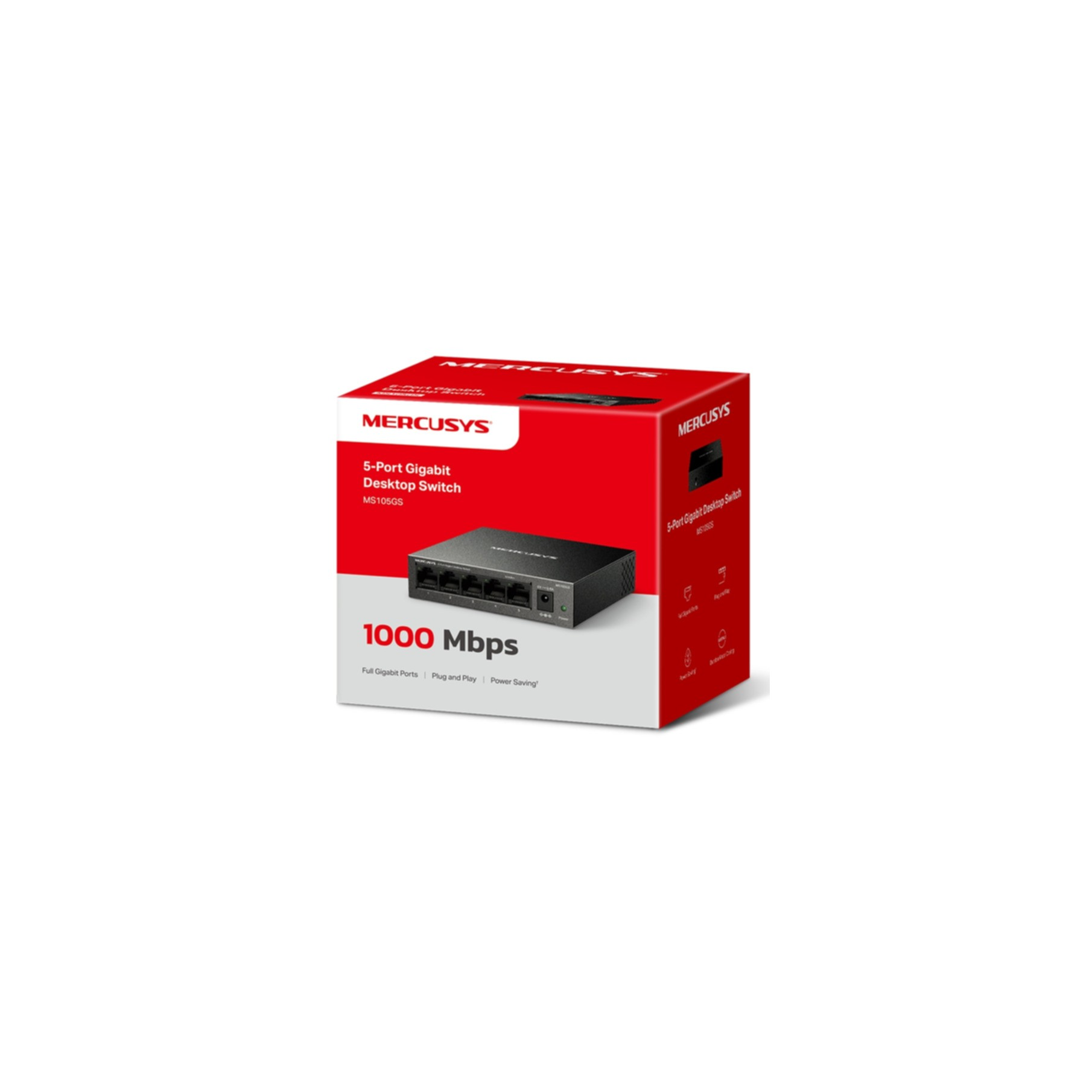 Mercusys 5-Port Gigabit Desktop Switch MS105GS auf rotem Karton.