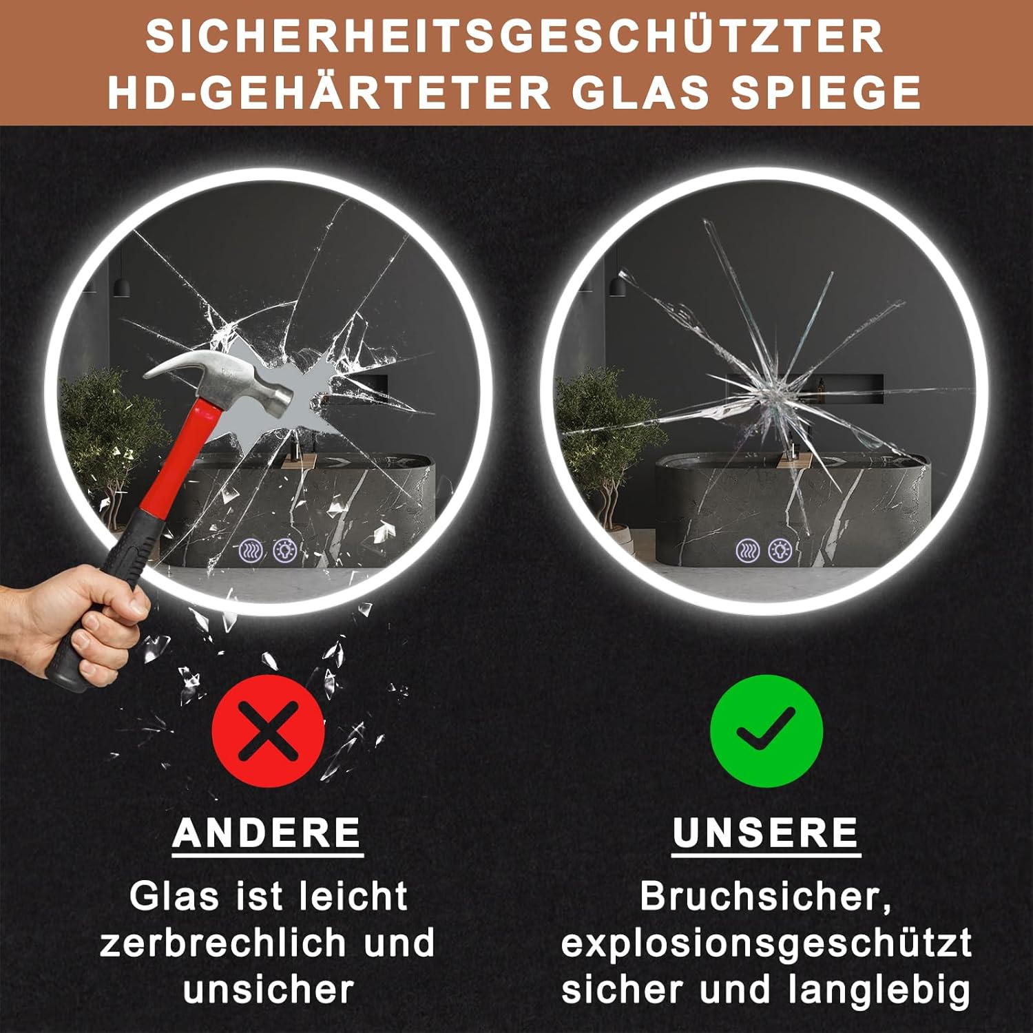 Hammer schlägt auf Glas, das zerbricht. Anderes Glas zerbricht, unser Glas ist sicher.