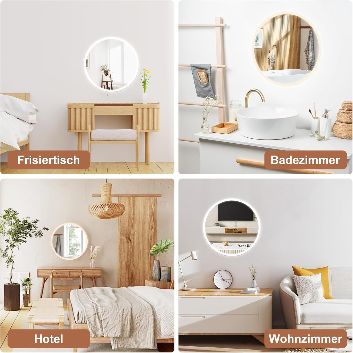 Vier Szenen: Schlafzimmer, Bad, Hotelzimmer, Wohnzimmer mit Spiegeln.