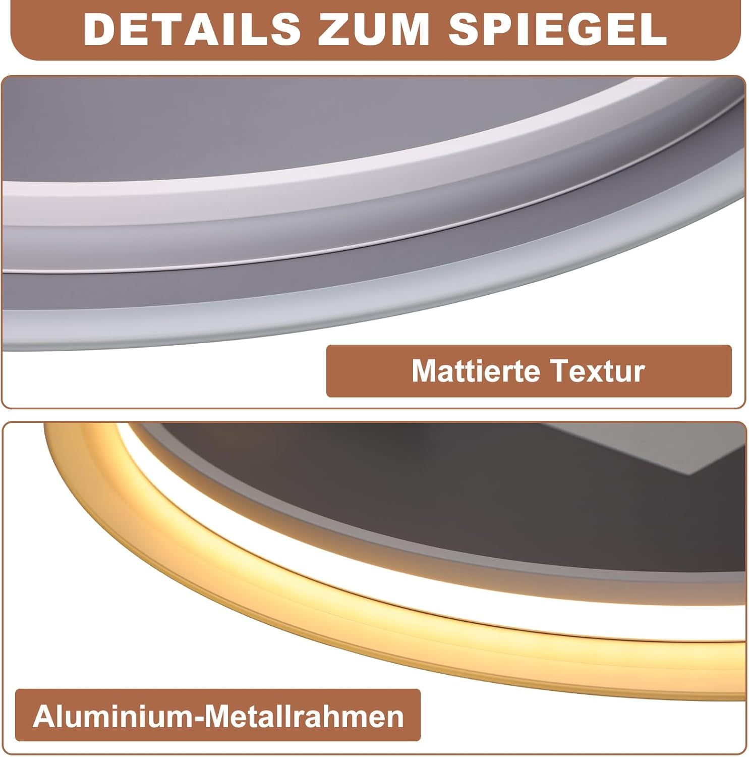 Nahaufnahme eines Spiegels mit mattierter Textur und Aluminiumrahmen.