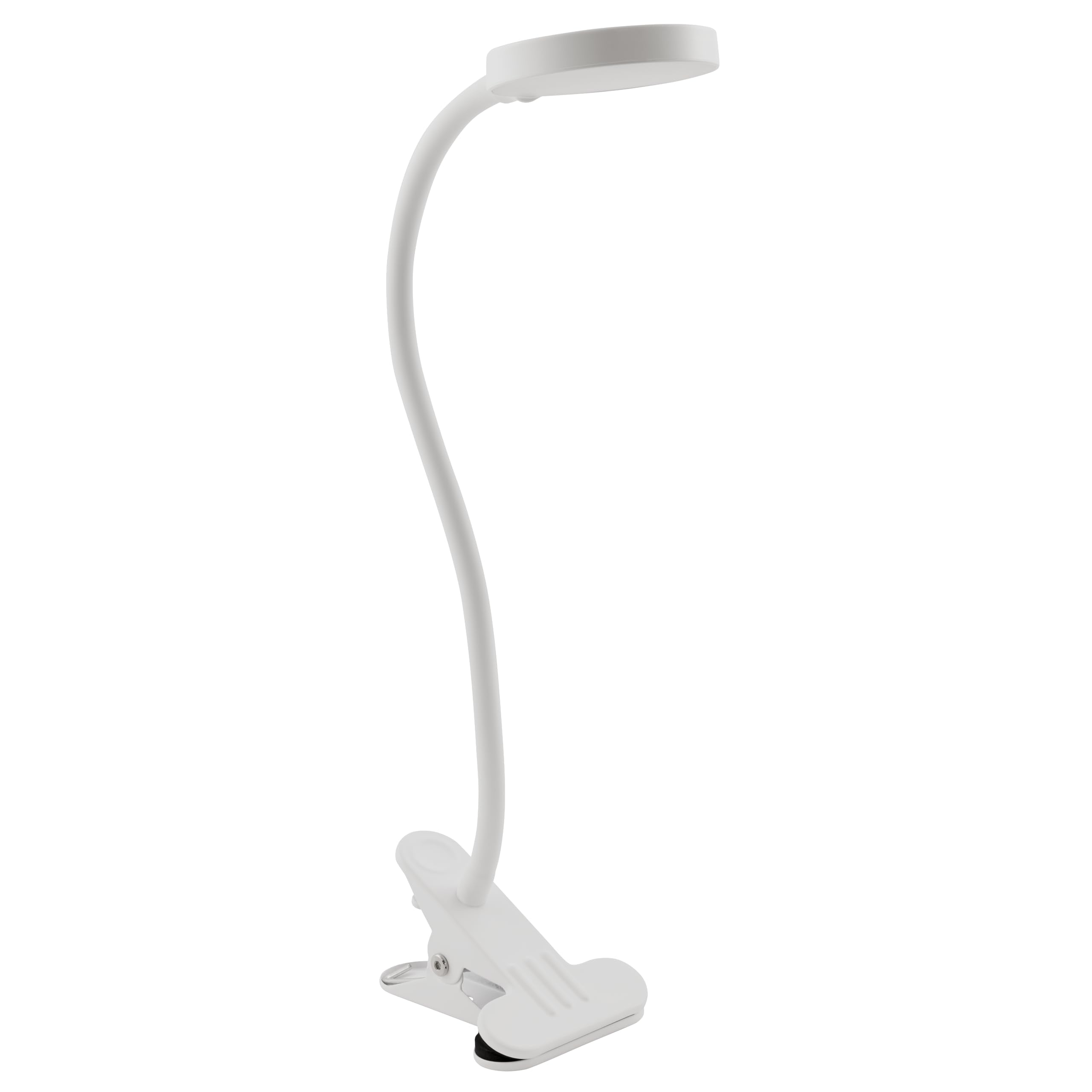 Eine weiße Klemmlampe mit flexiblem Hals und rundem Lichtkopf.