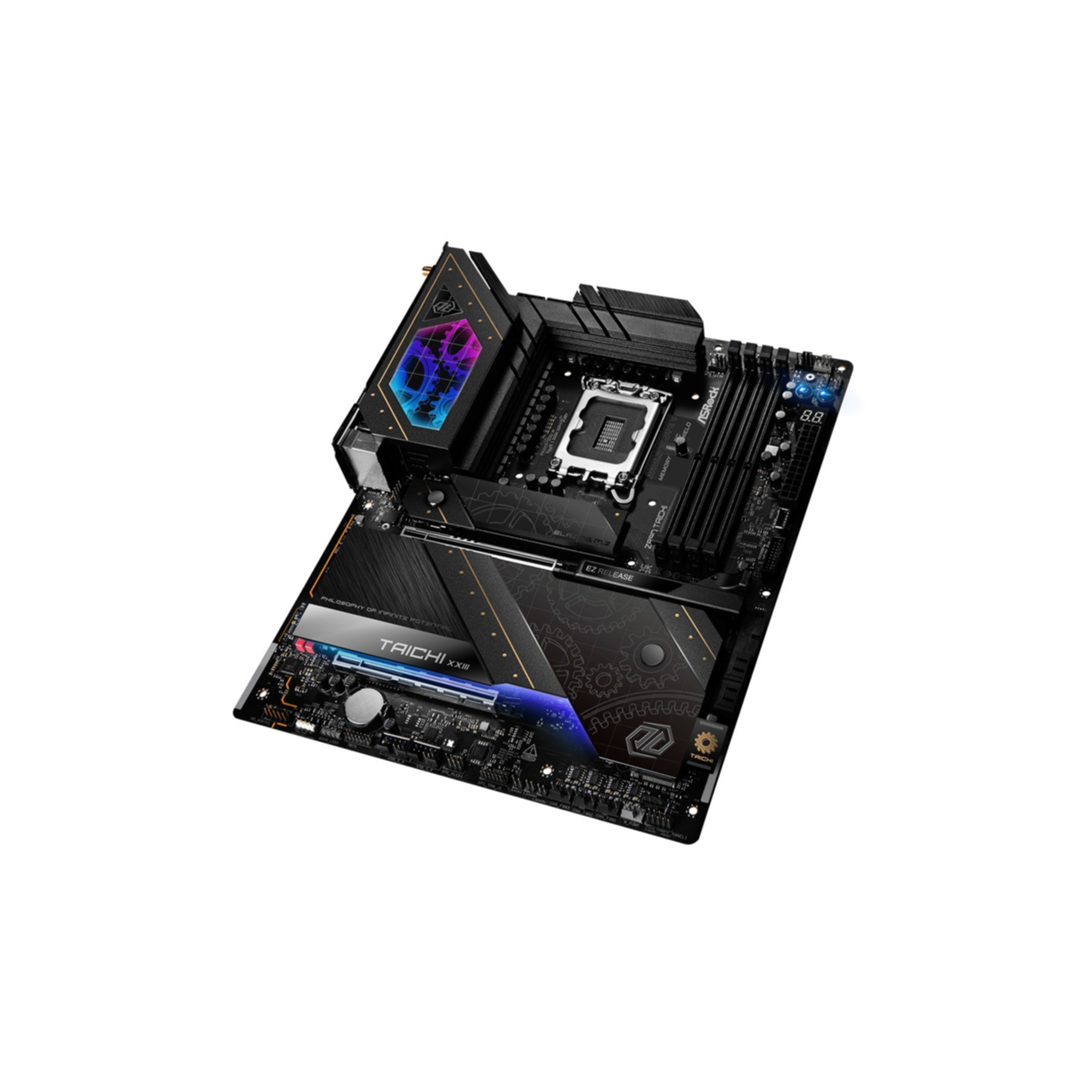 Czarna płyta główna ze złotymi akcentami, oświetleniem RGB i logo "TAICHI".
