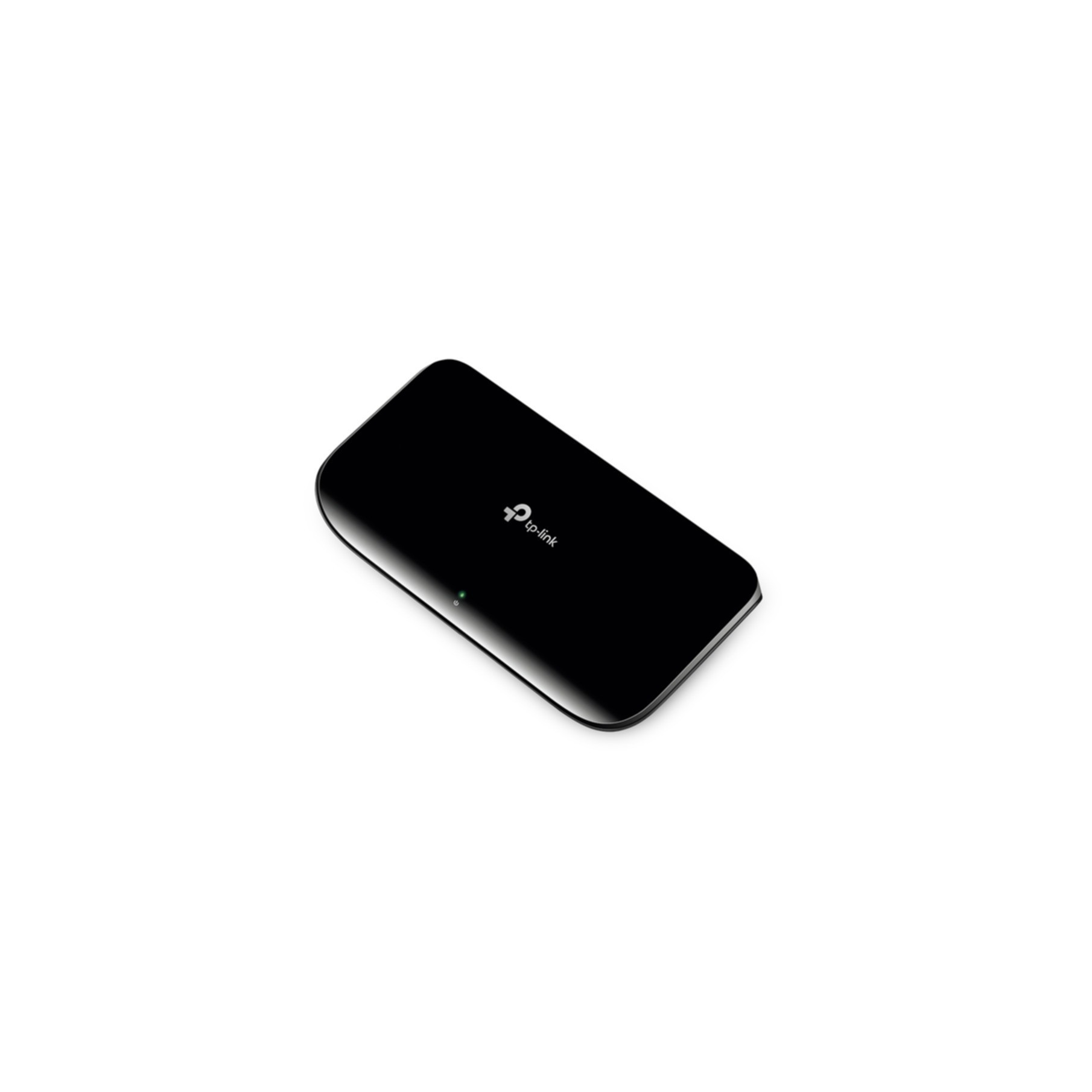Un dispositivo TP-Link nero con una luce verde su sfondo bianco.