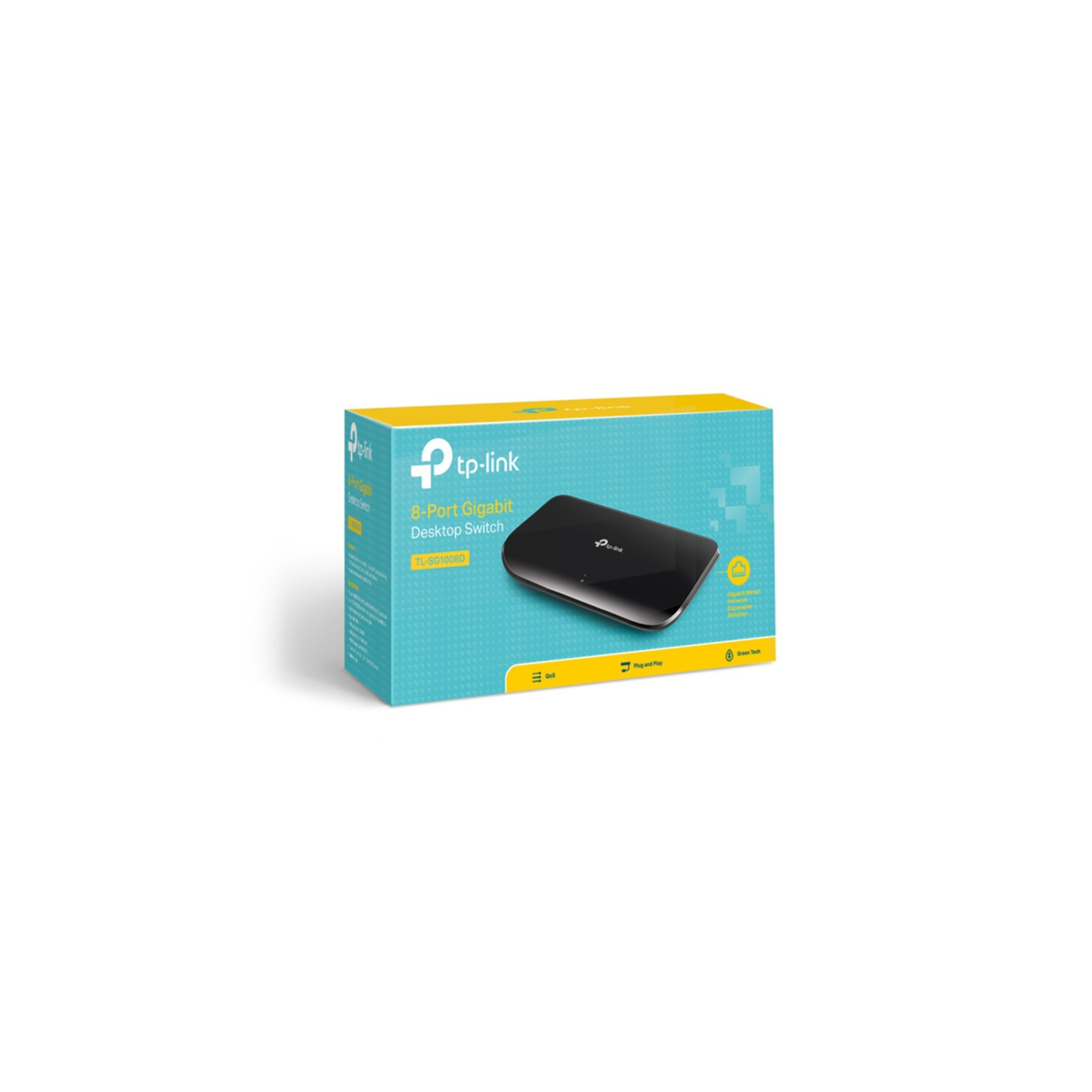 Switch desktop Gigabit TP-Link a 8 porte nella sua confezione.
