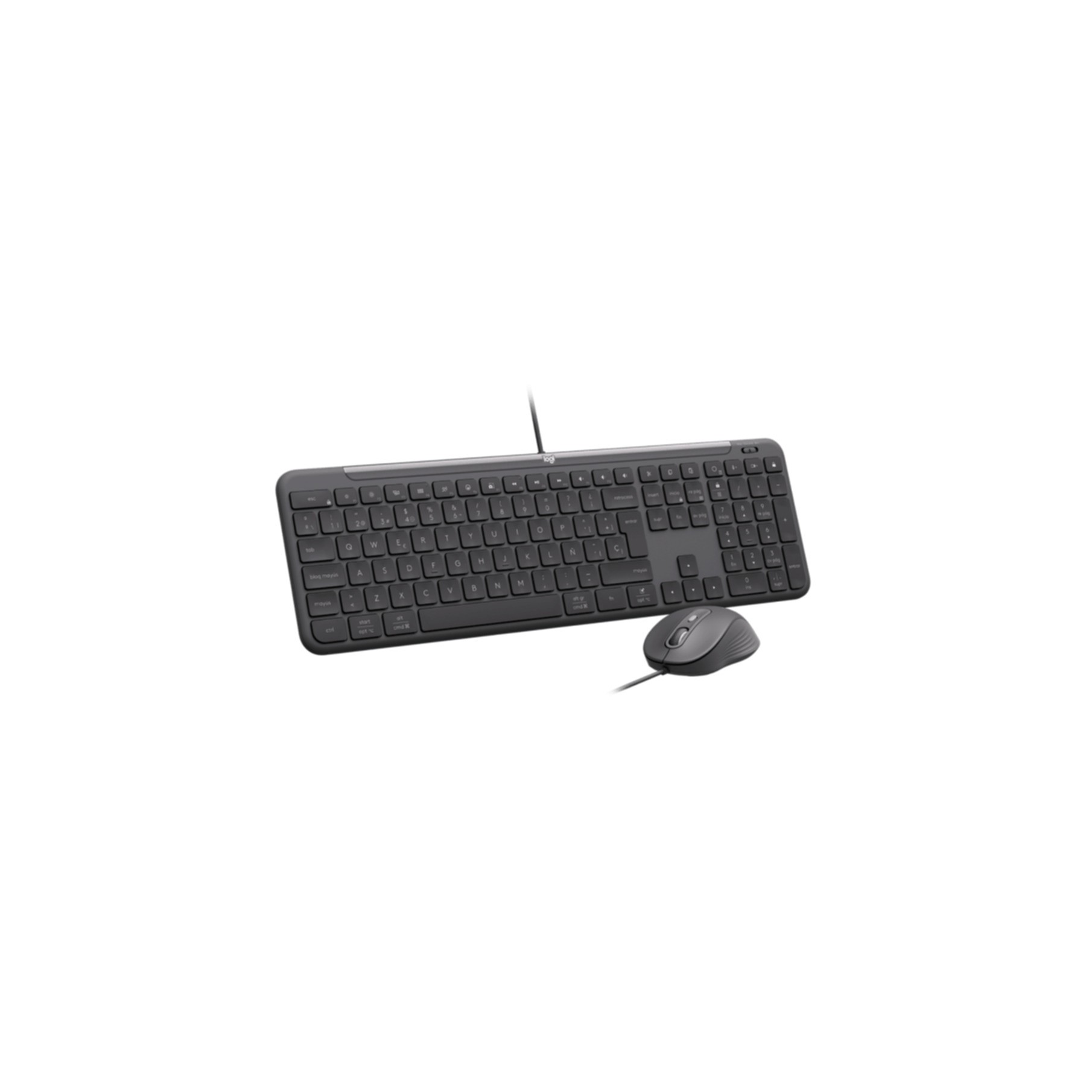 Eine graue kabelgebundene Tastatur und Maus liegen nebeneinander auf weißem Hintergrund.