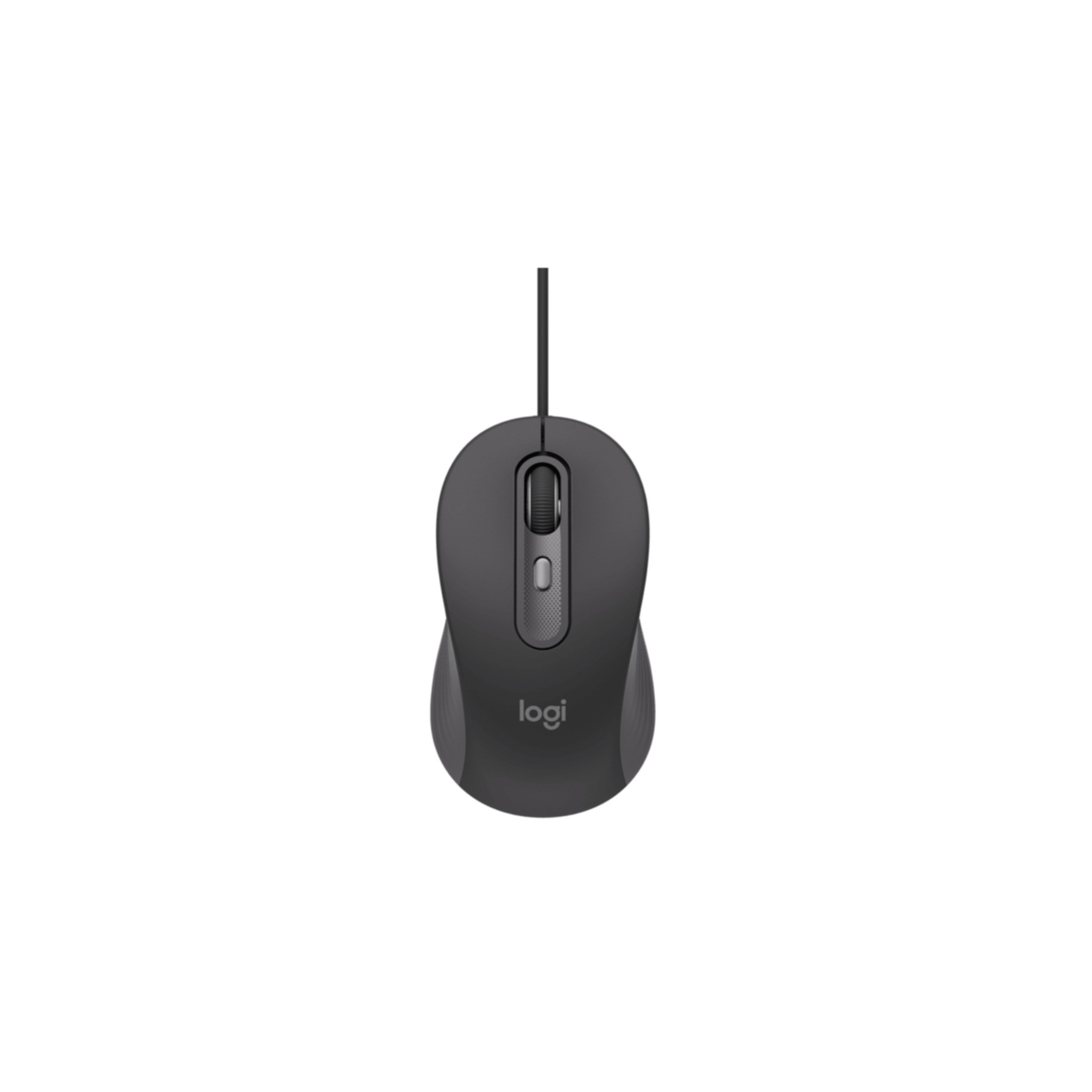 Un mouse Logitech grigio con rotella e cavo su sfondo bianco.