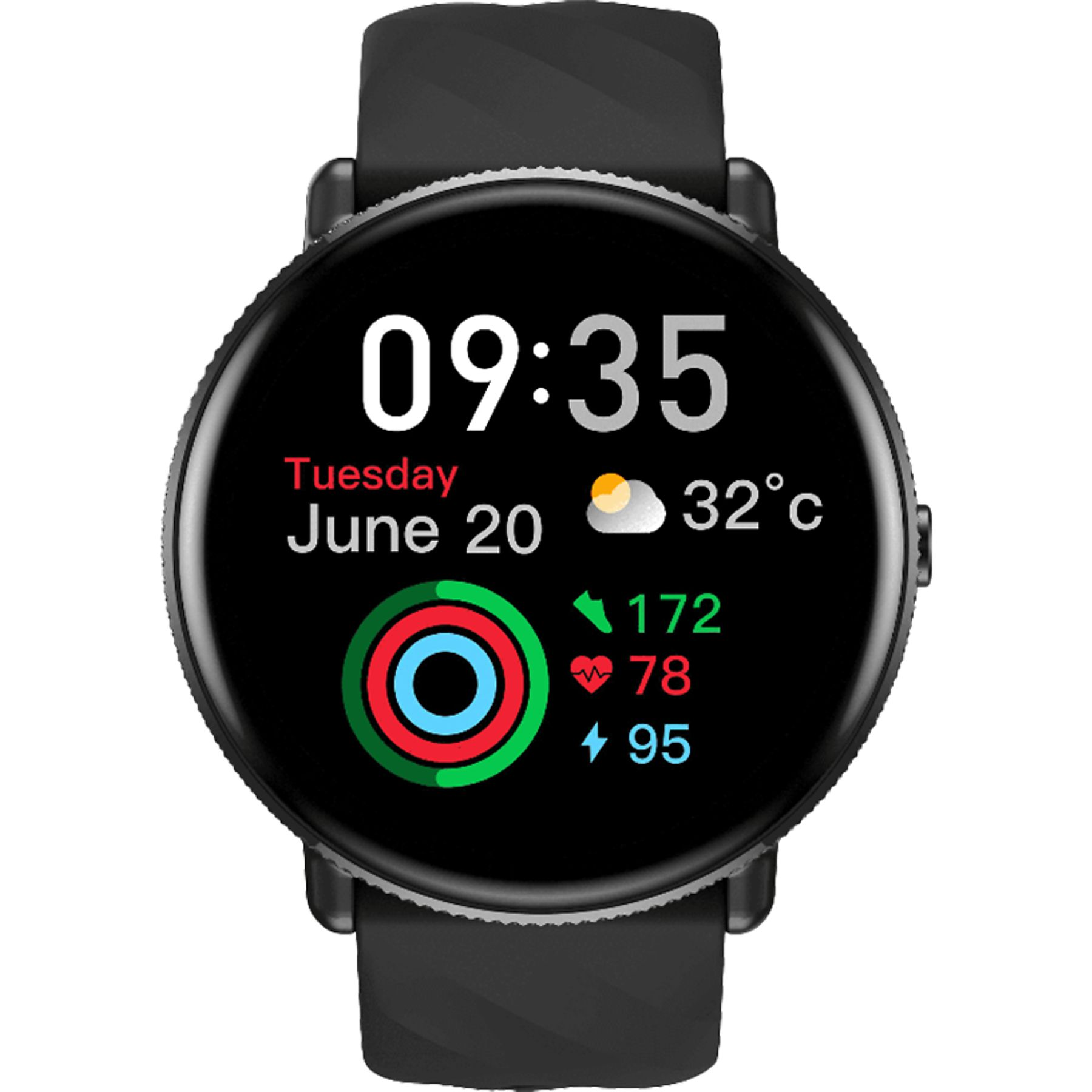 Uno smartwatch mostra 09:35, martedì 20 giugno, 32°C e dati di attività.