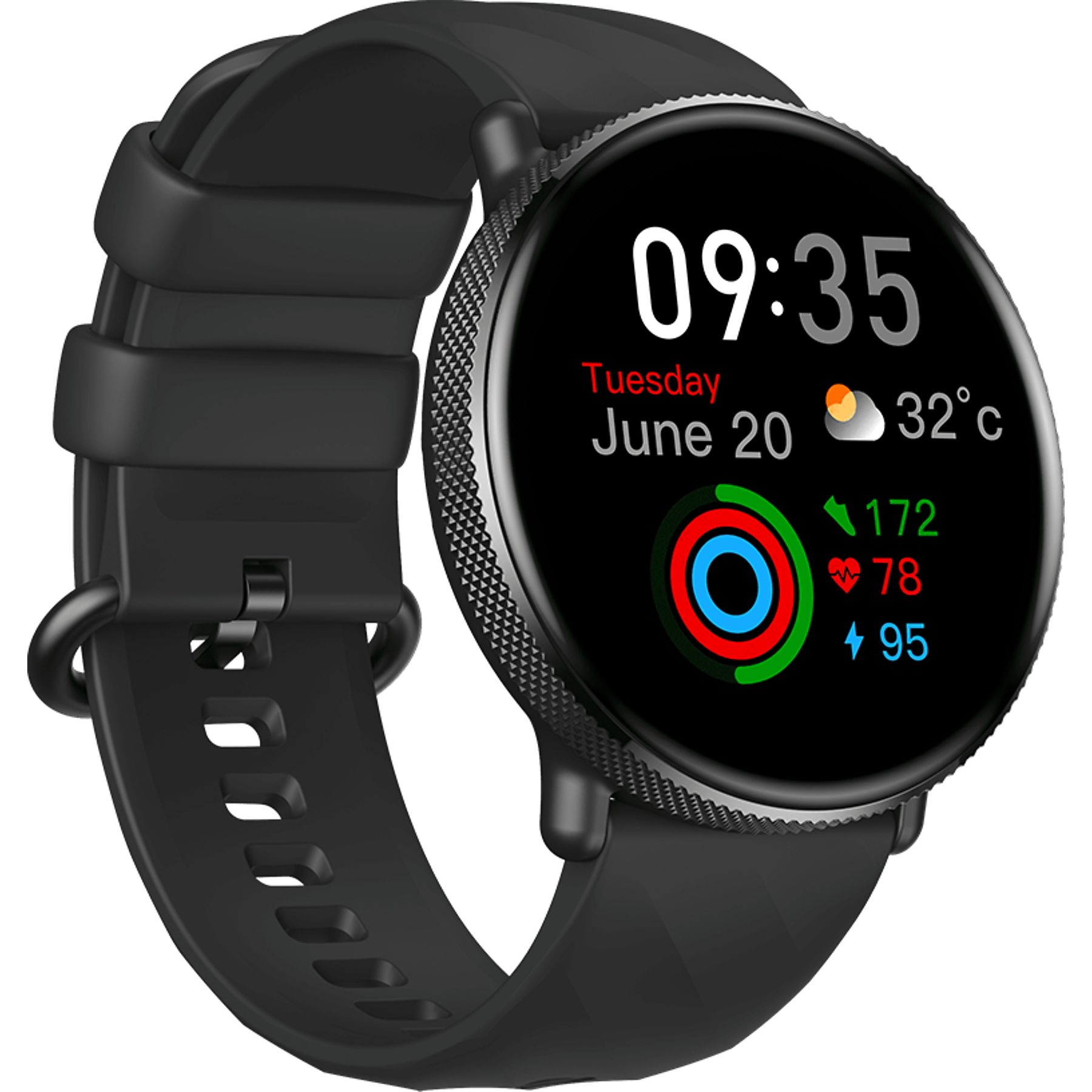 Smartwatch nero con display digitale: 09:35, martedì 20 giugno, 32°C.