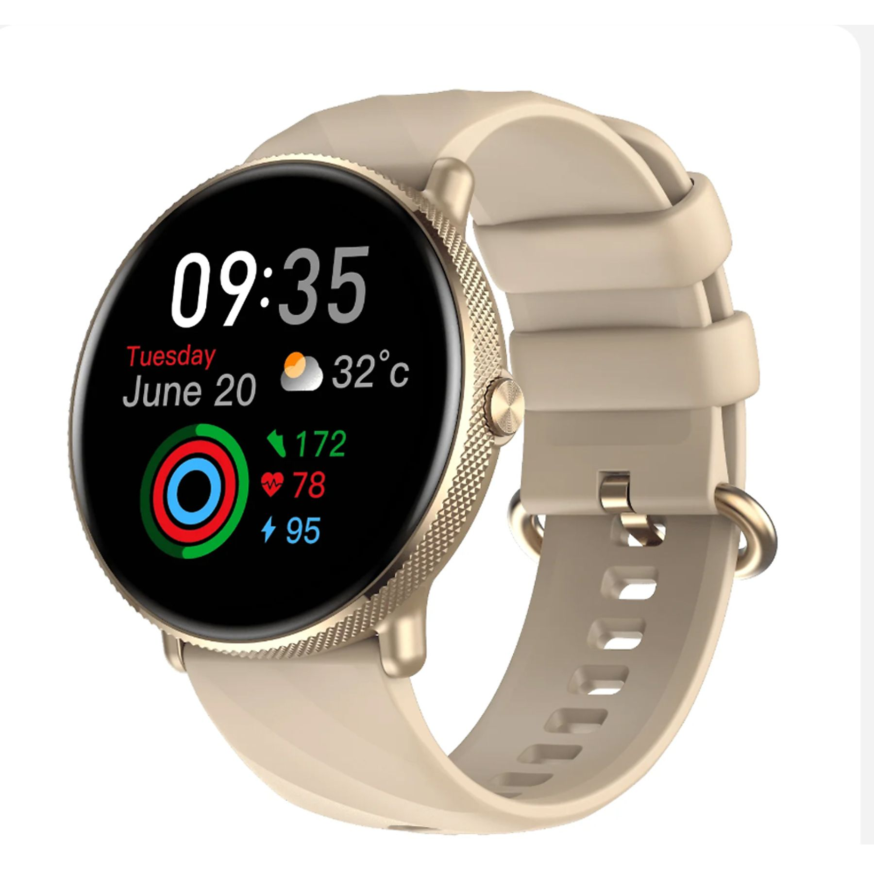 Uno smartwatch dorato con cinturino chiaro mostra 09:35, martedì 20 giugno, 32°C.