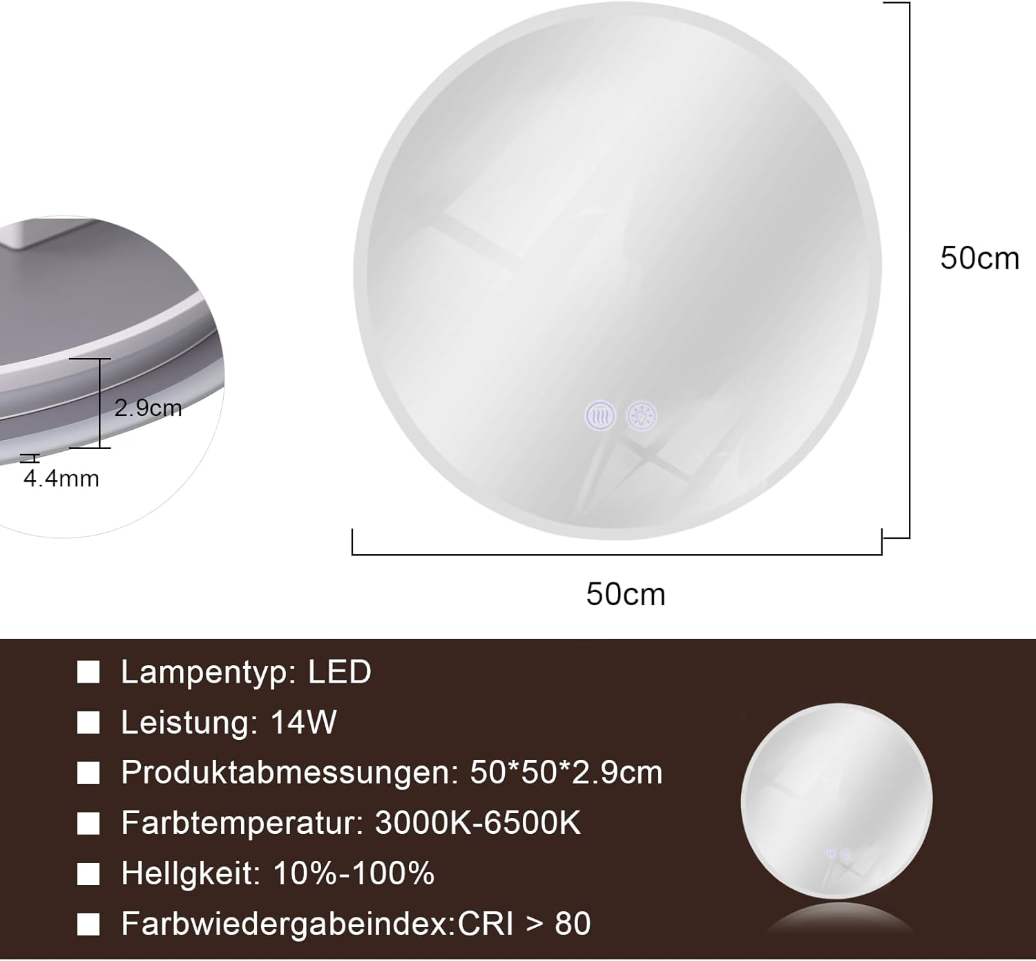 Runder Spiegel 50x50cm mit LED-Beleuchtung, 14W, 3000-6500K.