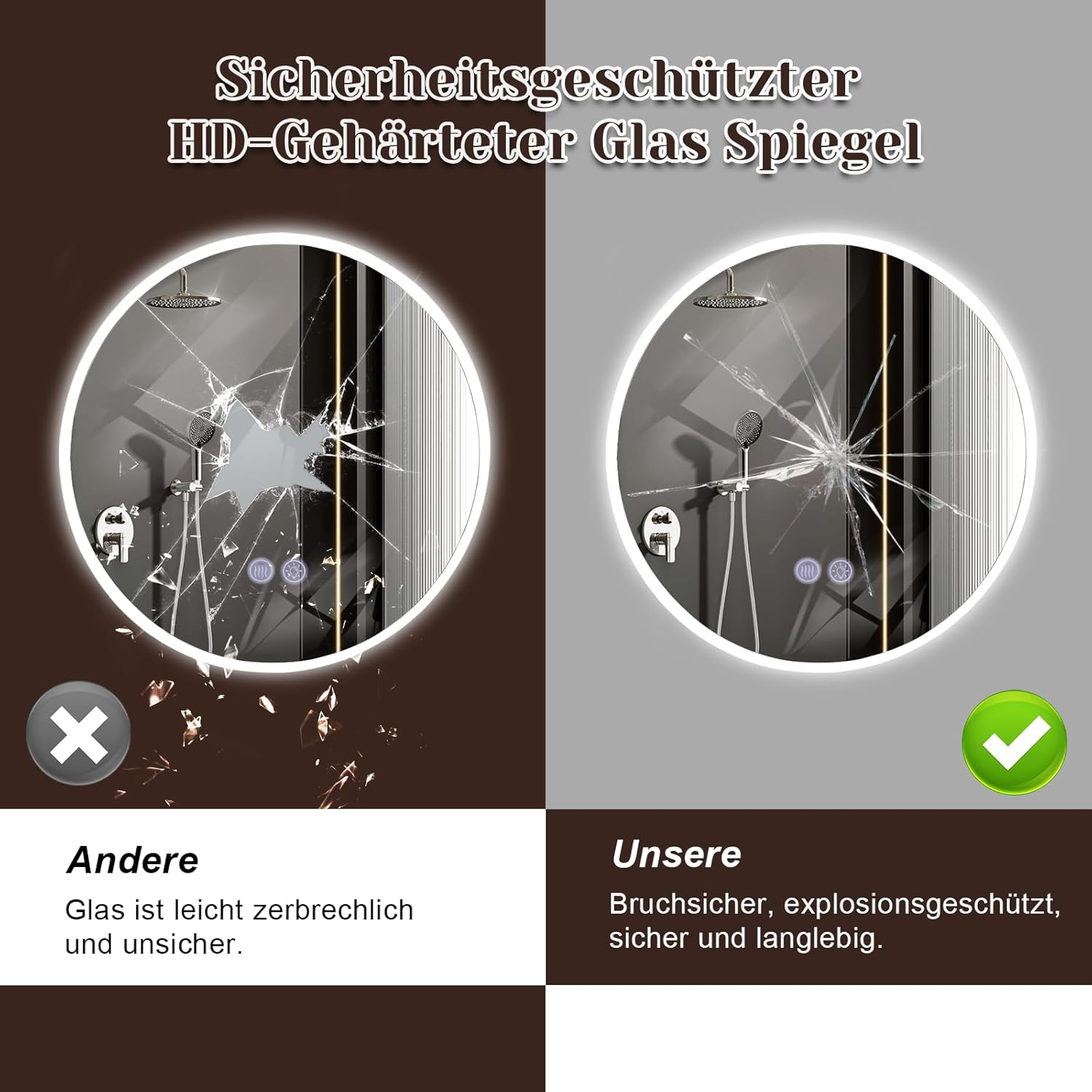 Vergleich von Sicherheitsglas: Links zerbrochen mit X, rechts intakt mit Häkchen.