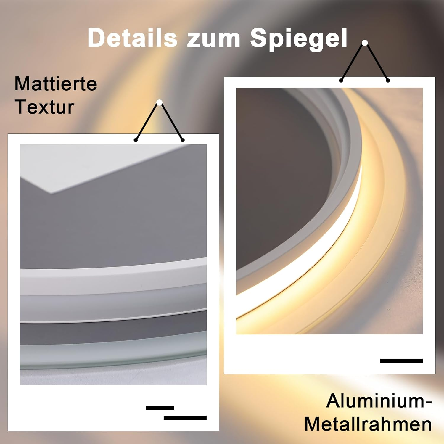 Detailansichten eines Spiegels mit mattierter Textur und Aluminiumrahmen.