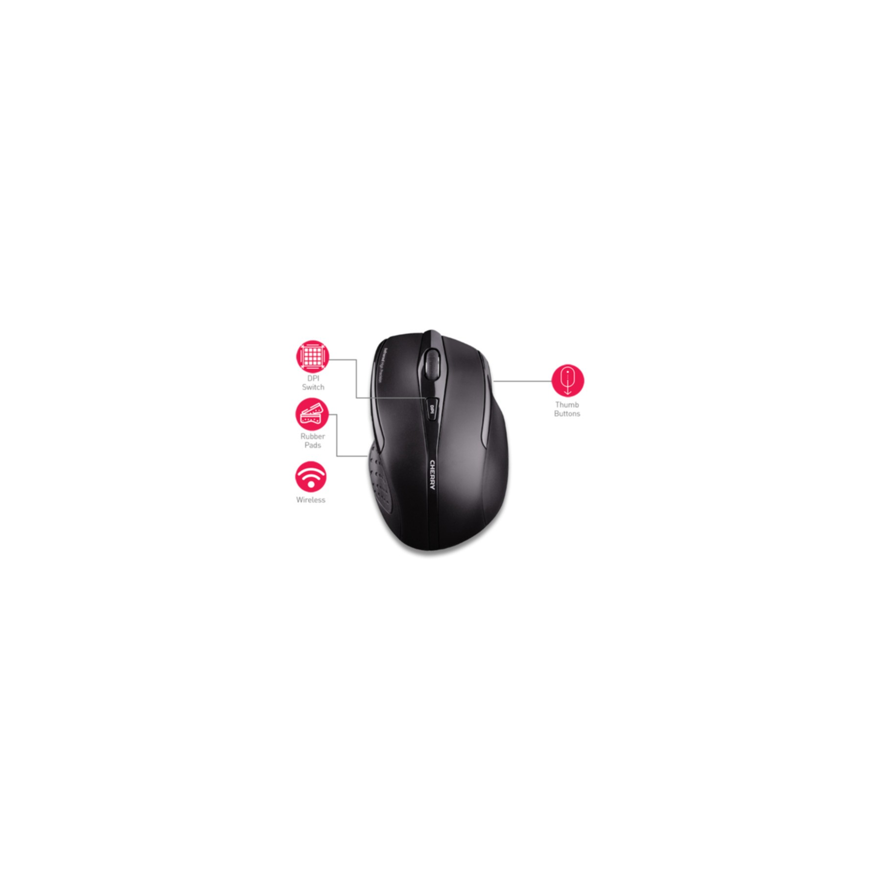 Schwarze kabellose Maus mit DPI-Schalter, Gummipads und Daumentasten.