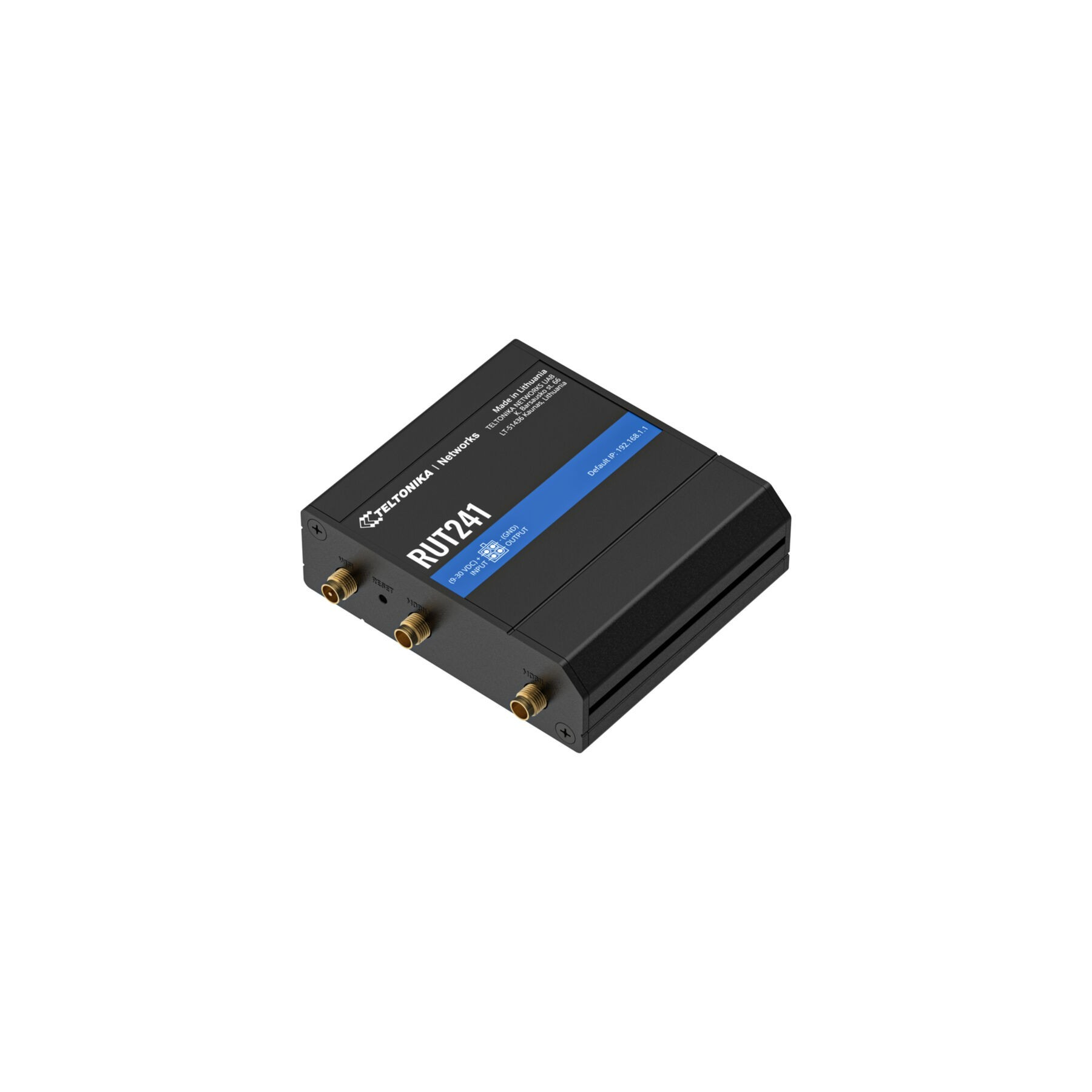 Zwarte Teltonika RUT241 router met poorten en labels.