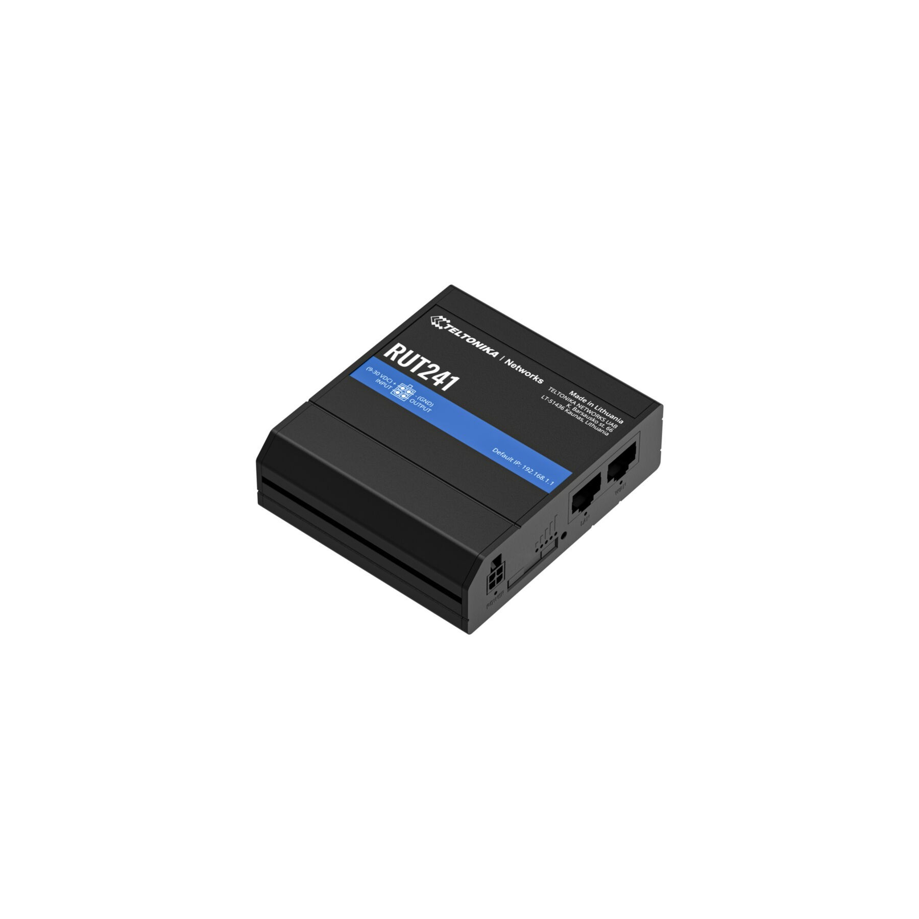 Zwarte Teltonika RUT241 router met poorten.