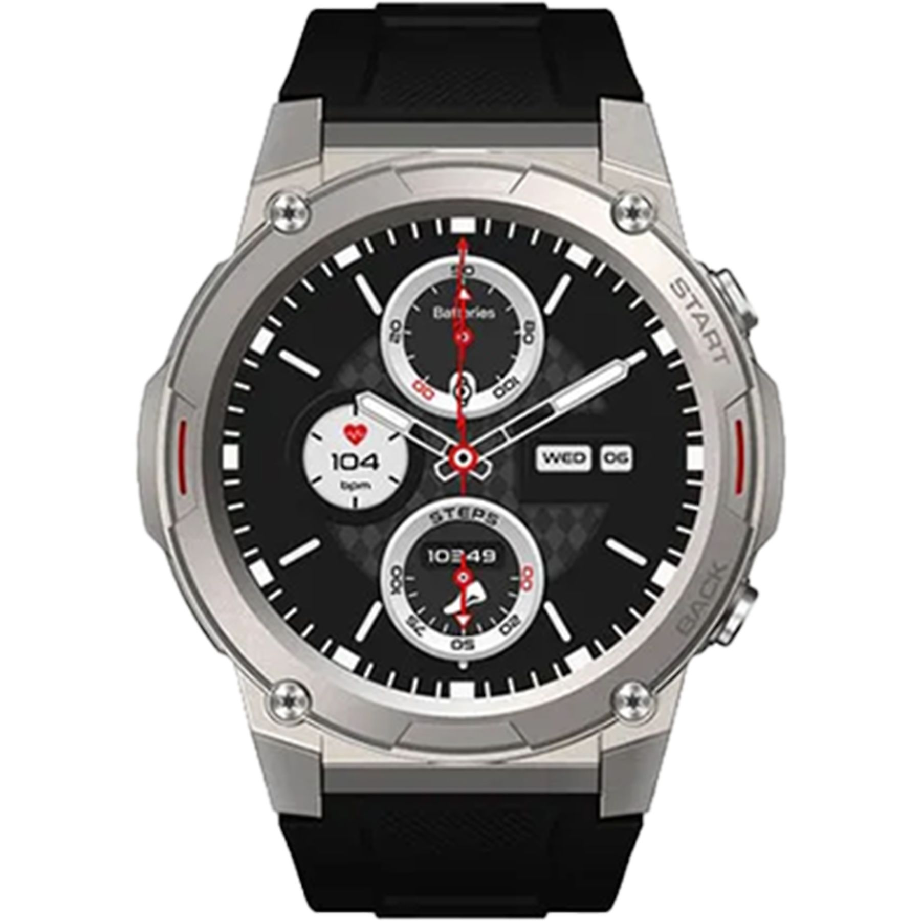 Smartwatch argento con quadrante nero che mostra battito cardiaco, passi e batteria.