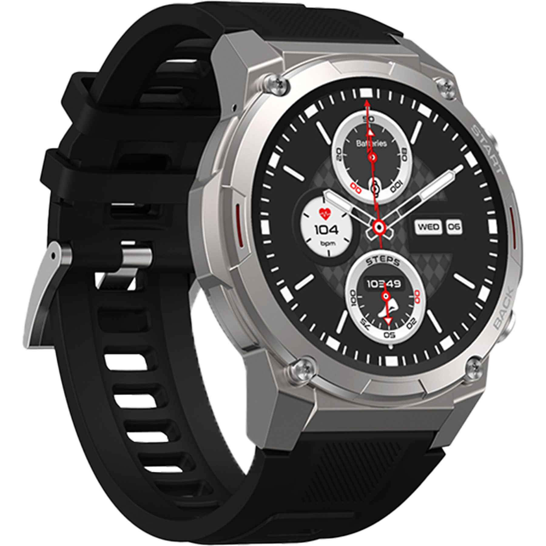 Smartwatch argentato con cinturino nero, mostra battito cardiaco e passi.