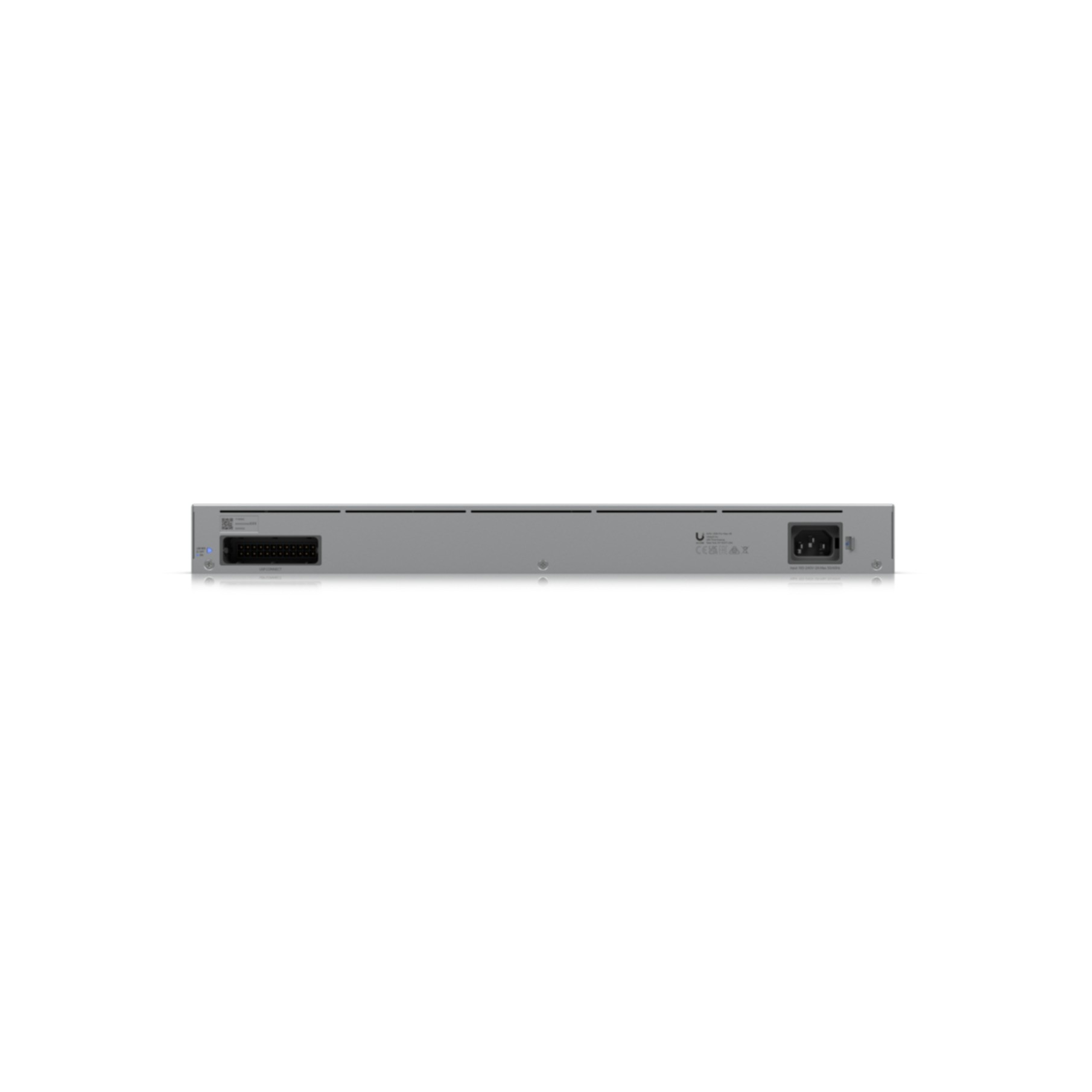 Appareil réseau gris avec ports à l'avant et connexion d'alimentation à l'arrière.