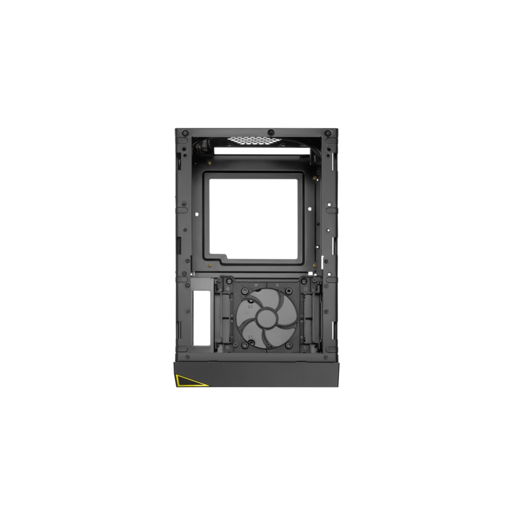 Ein schwarzes PC-Gehäuse mit Lüfter und gelbem Akzent.