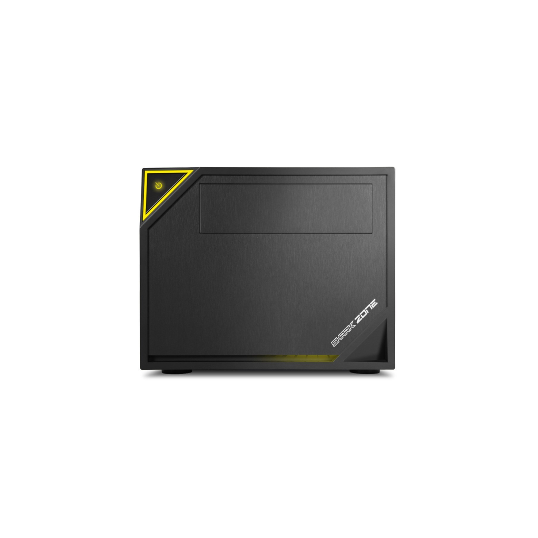 Ein schwarzes Computergehäuse mit gelben Akzenten und einem Power-Symbol.