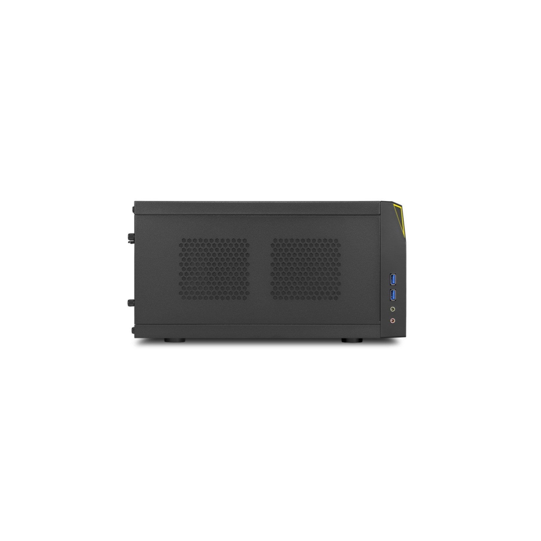 Schwarzes Computergehäuse mit Lüftungsgittern und Anschlüssen an der Vorderseite.