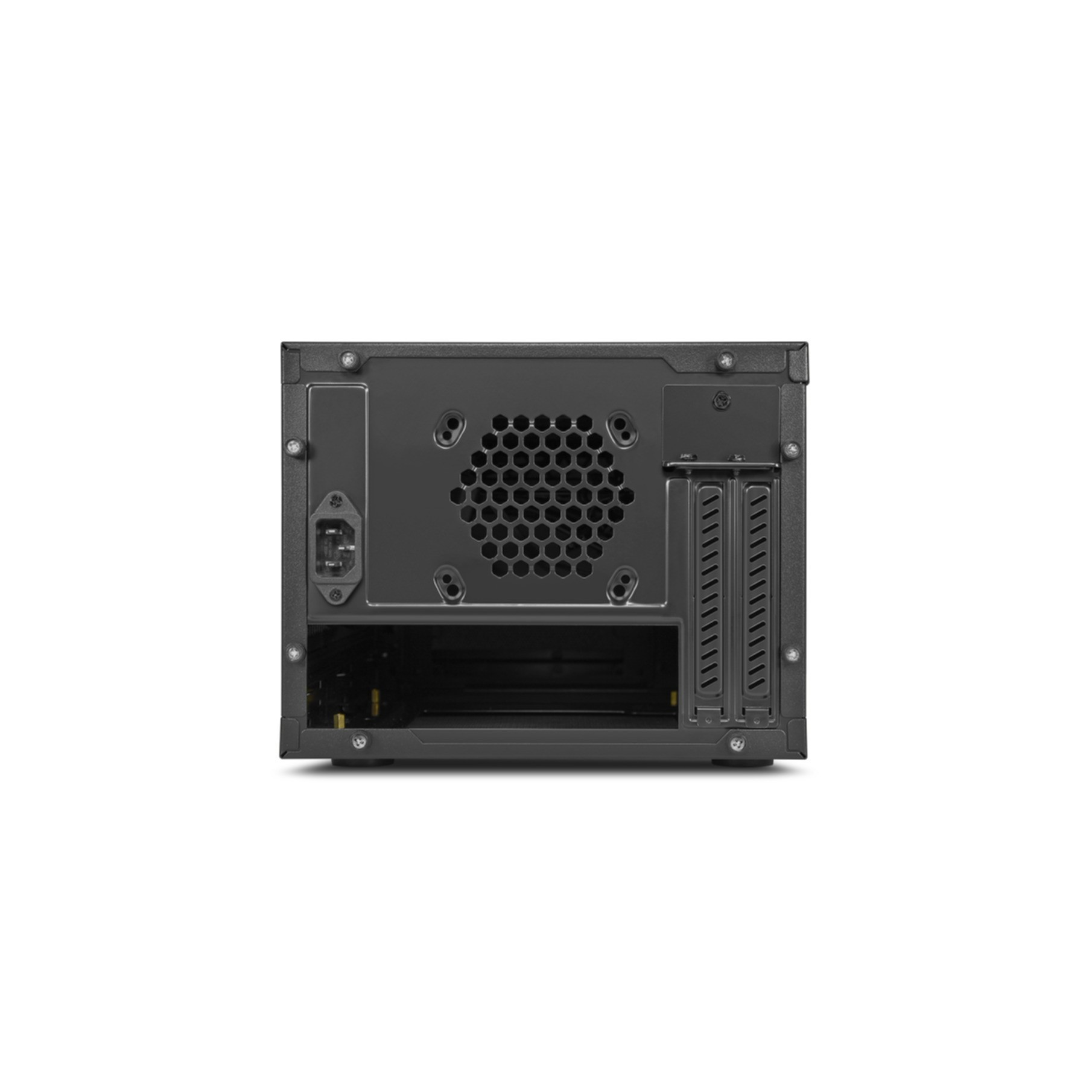 Rückseite eines schwarzen Computergehäuses mit Lüftergitter und Anschlüssen.