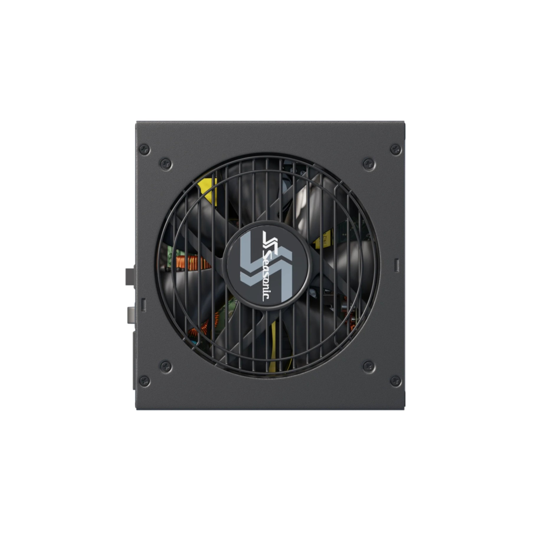 Szara jednostka zasilająca z wentylatorem i logo firmy na białym tle.