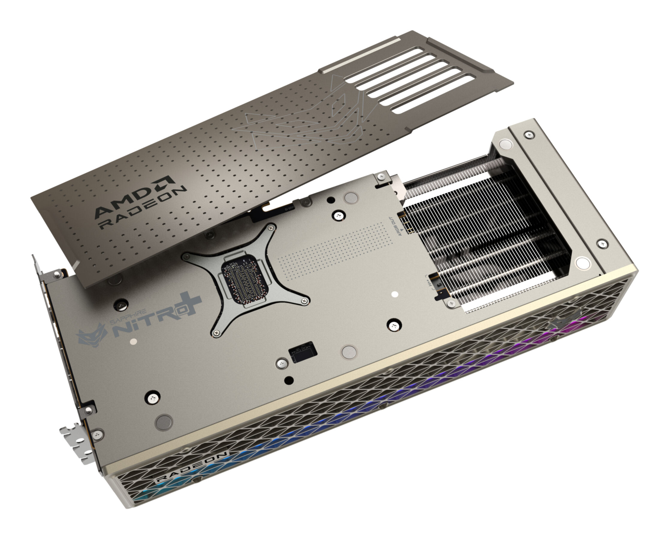 Karta graficzna z logo AMD Radeon i Sapphire Nitro+, szczegółowa.