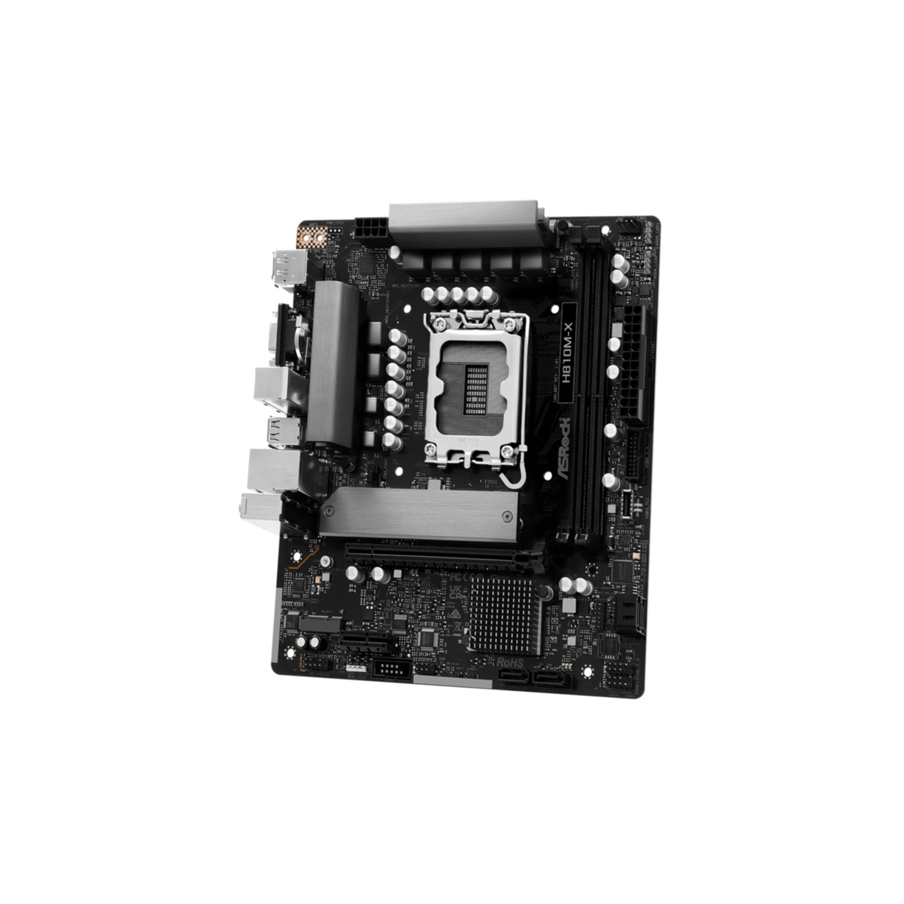 Płyta główna ASRock H810M-X z gniazdem CPU, slotami RAM i portami.