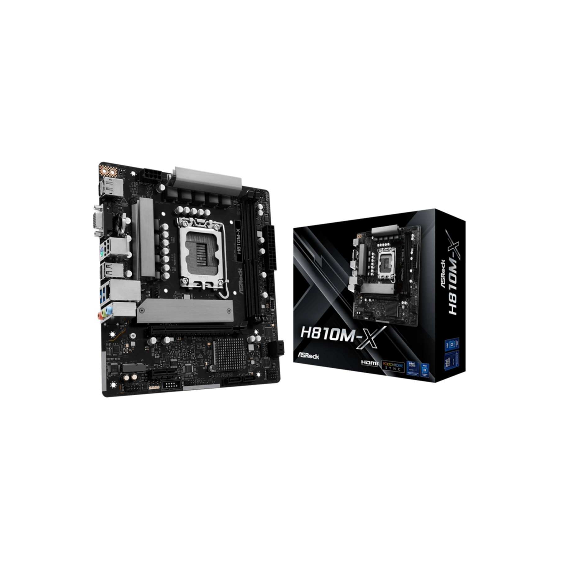 Płyta główna ASRock H810M-X i jej pudełko na białym tle.