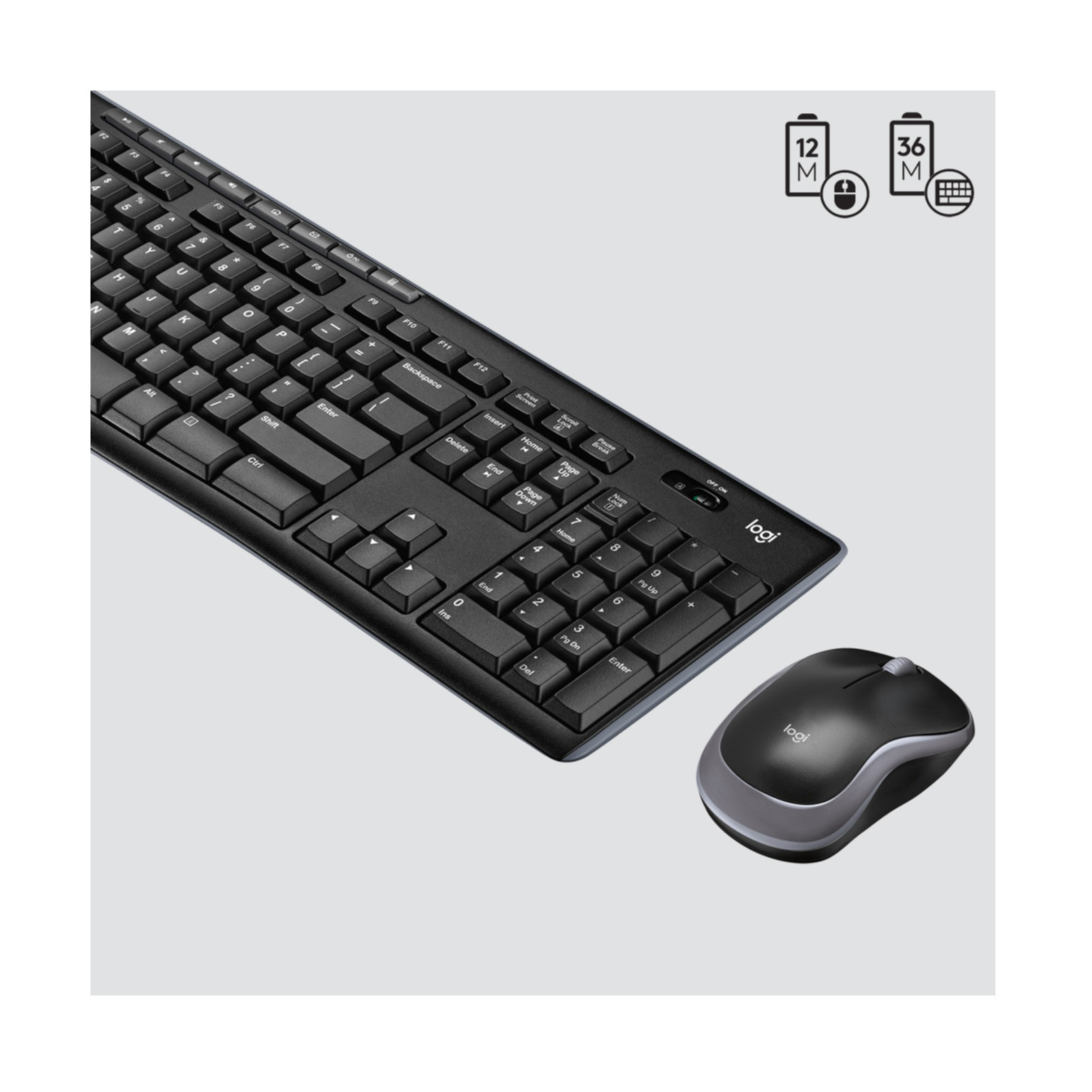 Czarna klawiatura i mysz Logitech na szarym tle z ikonami ŷywotności baterii.