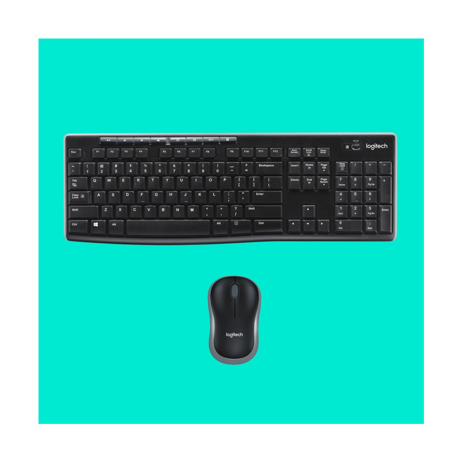 Czarna klawiatura i mysz Logitech na turkusowym tle.