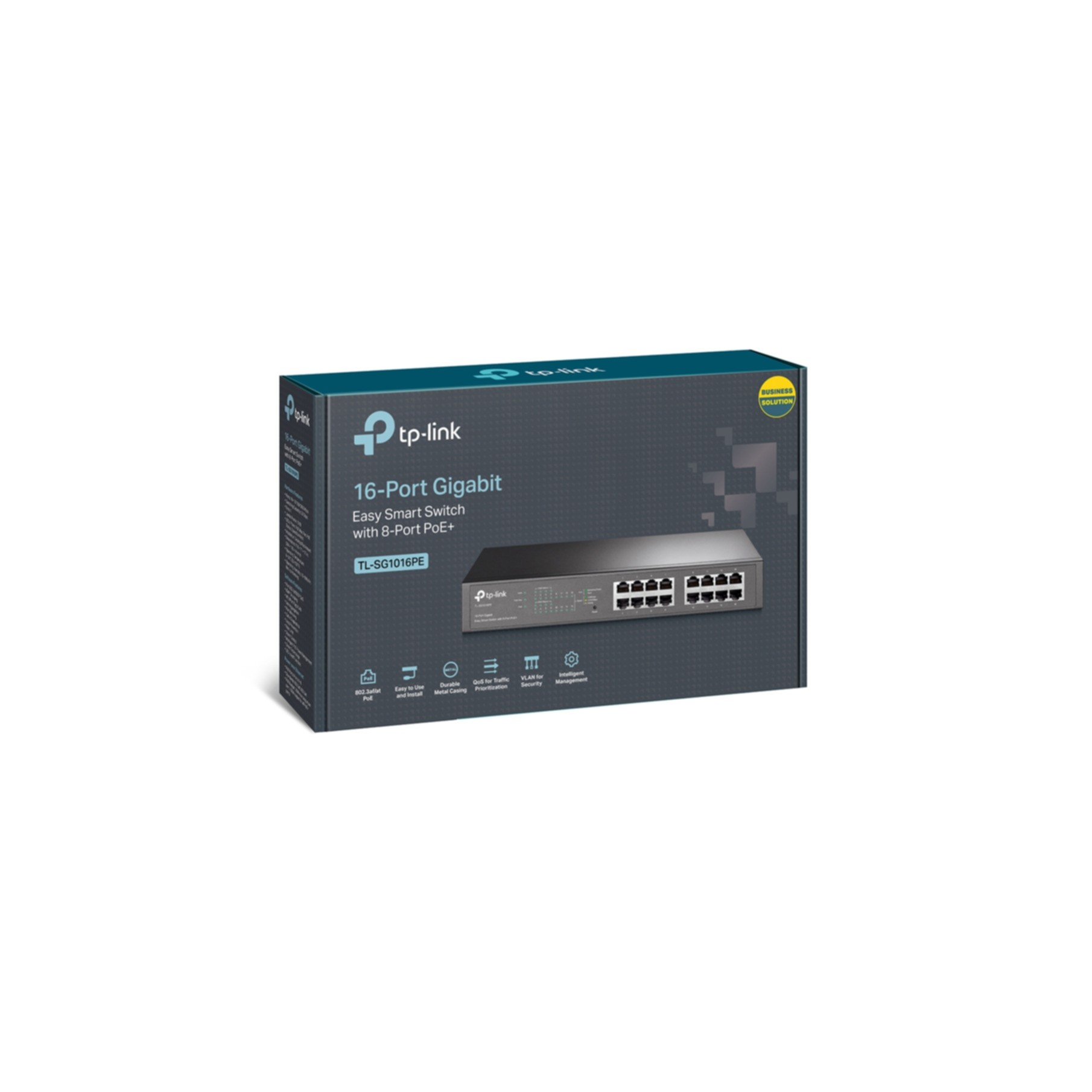 TP-Link 16-portowy przełącznik Gigabit z 8-portowym PoE+ na pudełku.