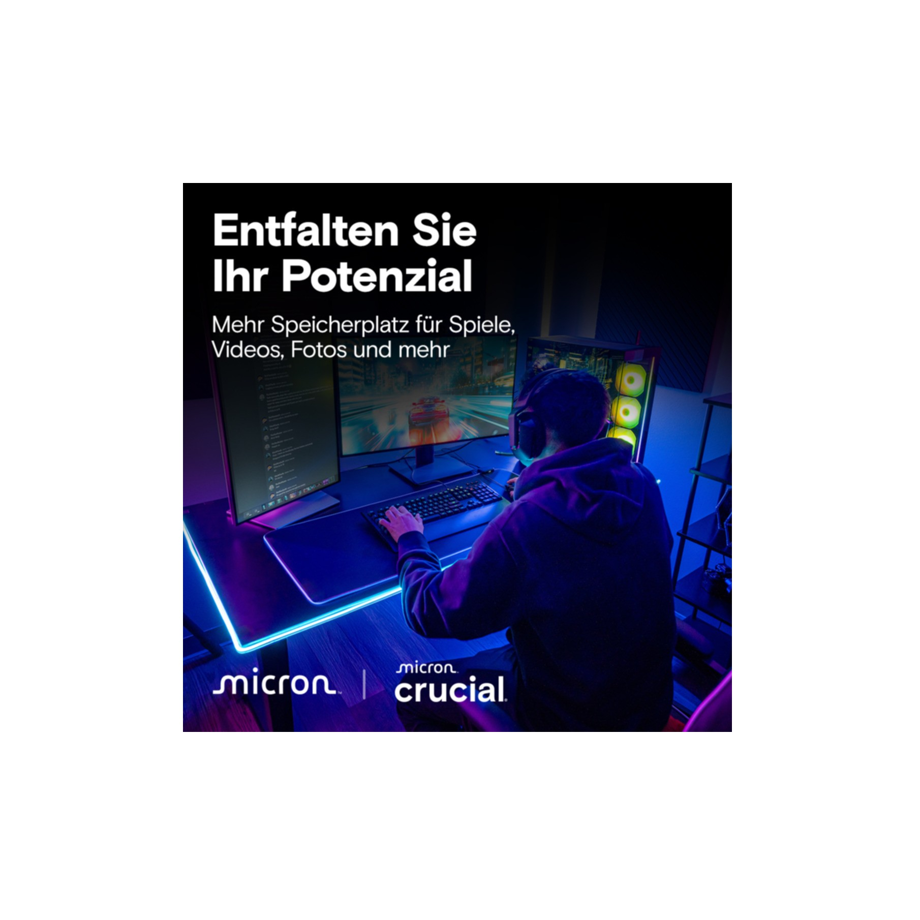 Osoba przy biurku z dwoma monitorami, neonami i logo Micron.