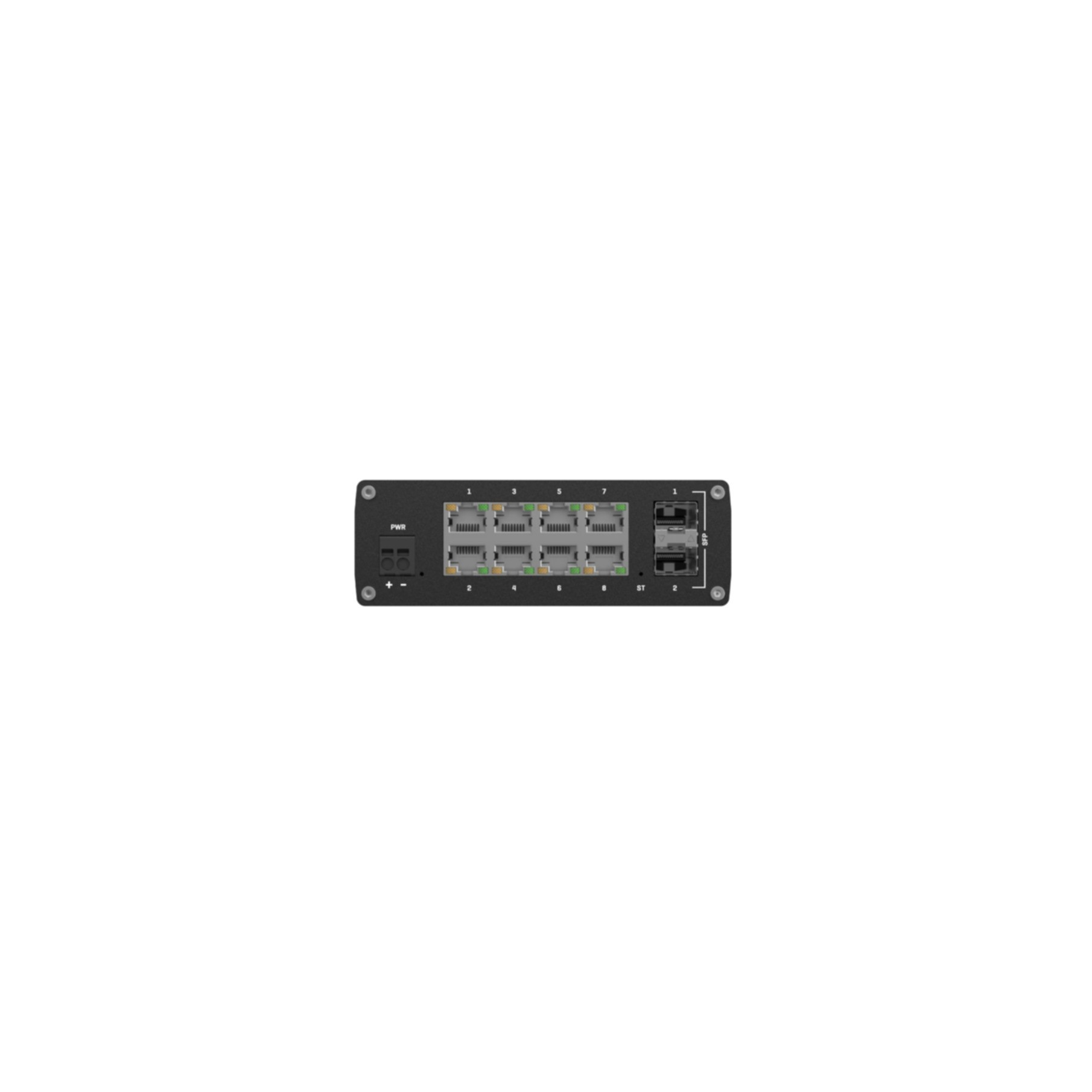 Switch réseau noir avec 8 ports Ethernet et 2 ports SFP.
